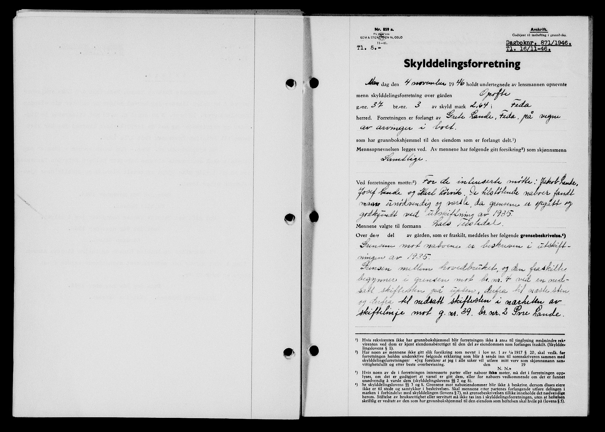 Flekkefjord sorenskriveri, AV/SAK-1221-0001/G/Gb/Gba/L0061: Mortgage book no. A-9, 1946-1947, Diary no: : 871/1946