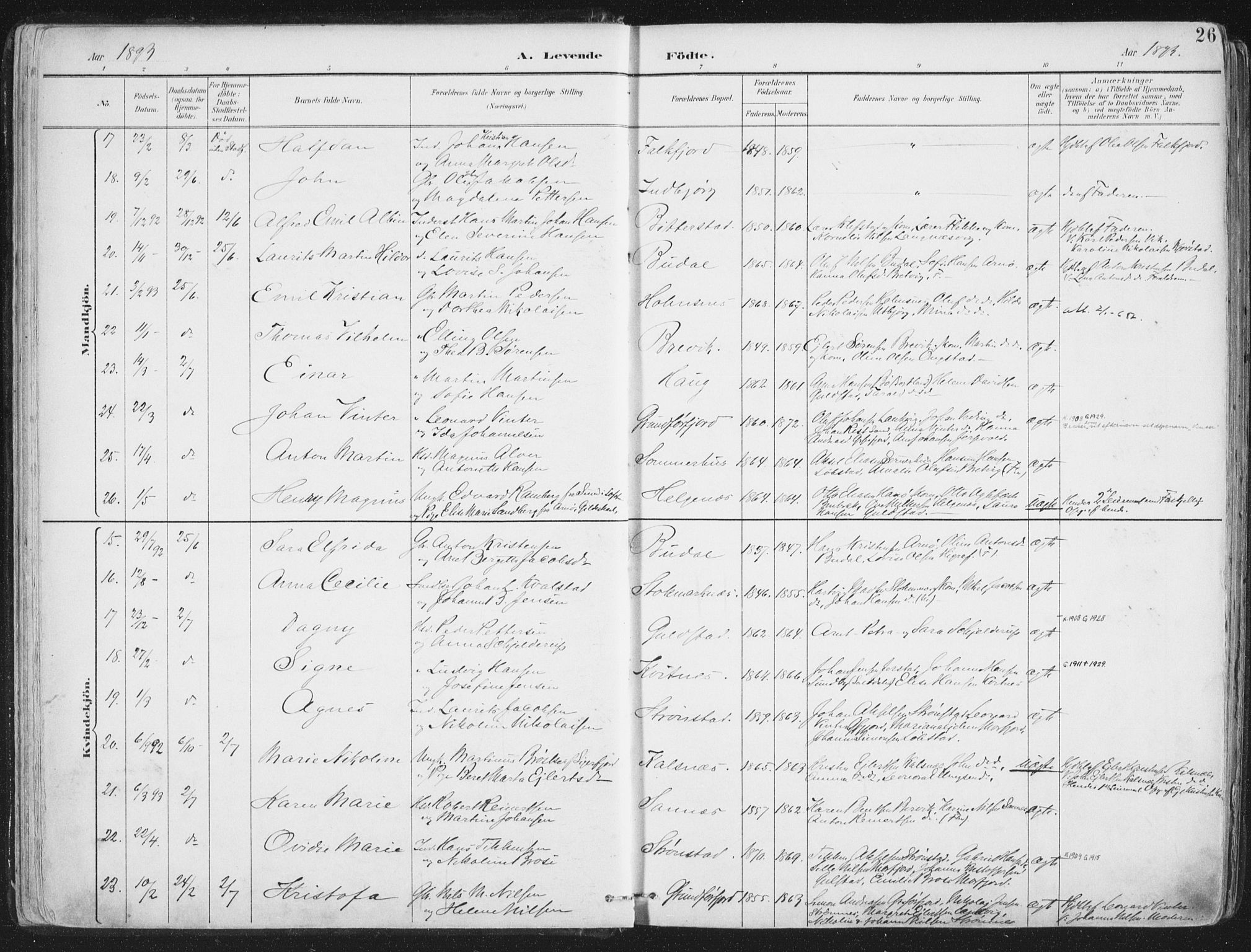 Ministerialprotokoller, klokkerbøker og fødselsregistre - Nordland, SAT/A-1459/888/L1246: Parish register (official) no. 888A12, 1891-1903, p. 26