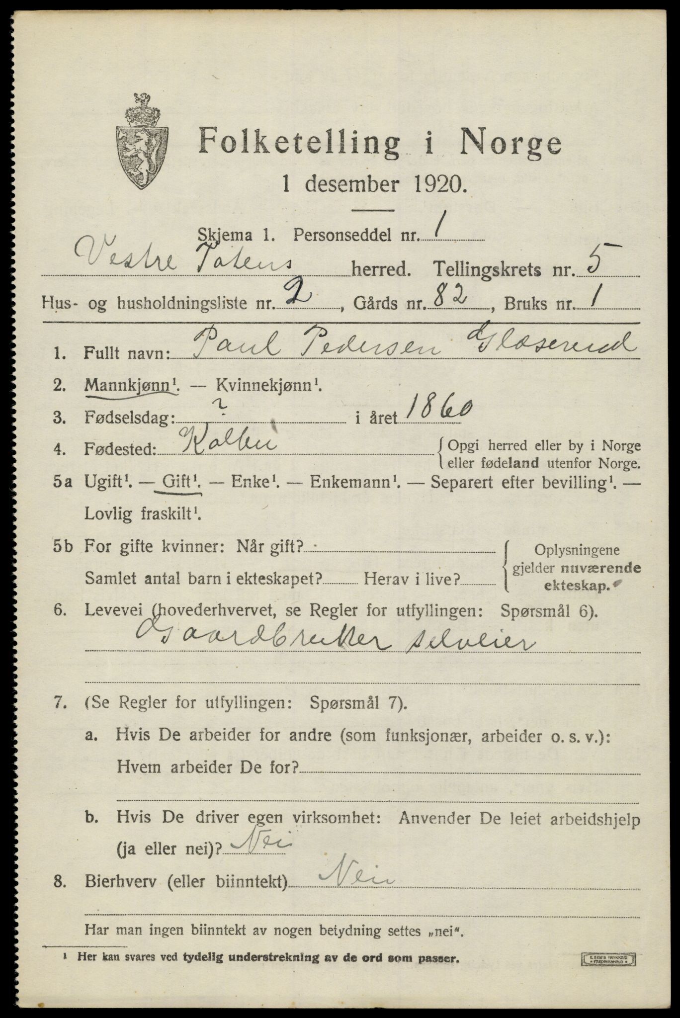 SAH, 1920 census for Vestre Toten, 1920, p. 7294