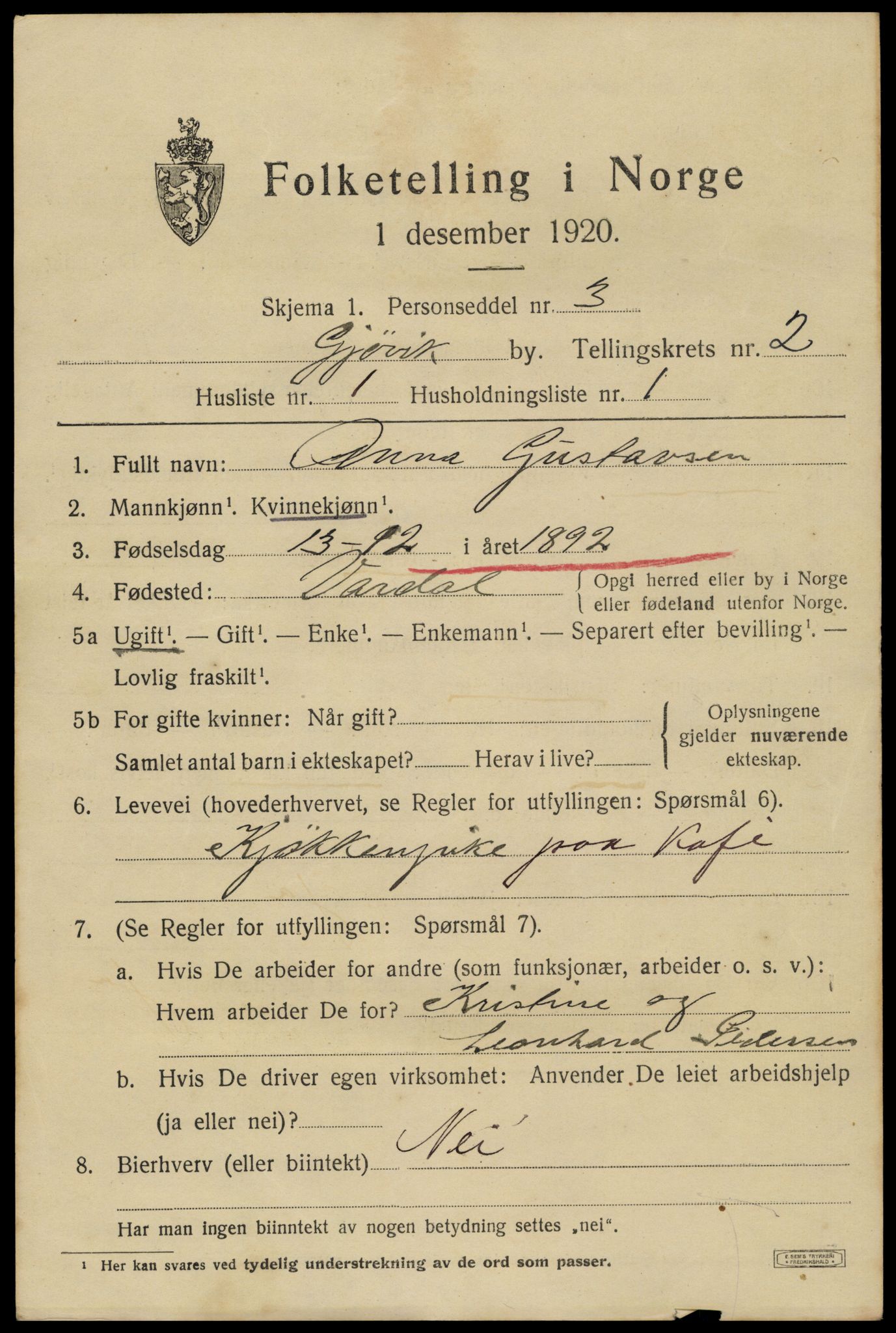 SAH, 1920 census for Gjøvik, 1920, p. 4390