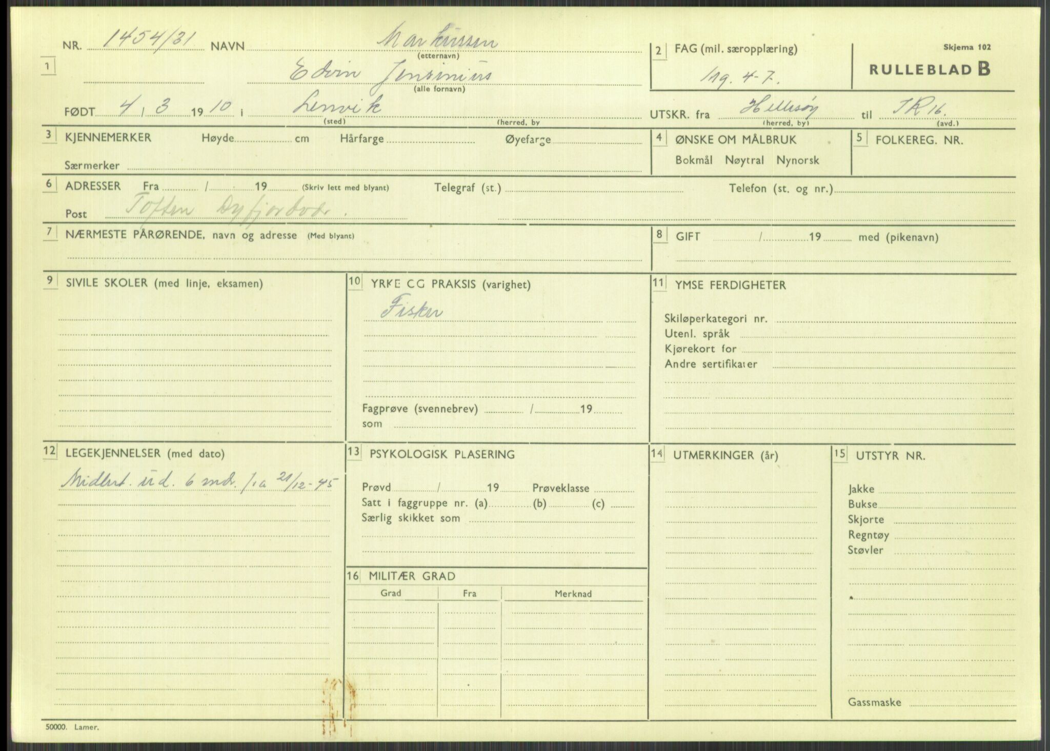 Forsvaret, Troms infanteriregiment nr. 16, AV/RA-RAFA-3146/P/Pa/L0015: Rulleblad for regimentets menige mannskaper, årsklasse 1931, 1931, p. 737