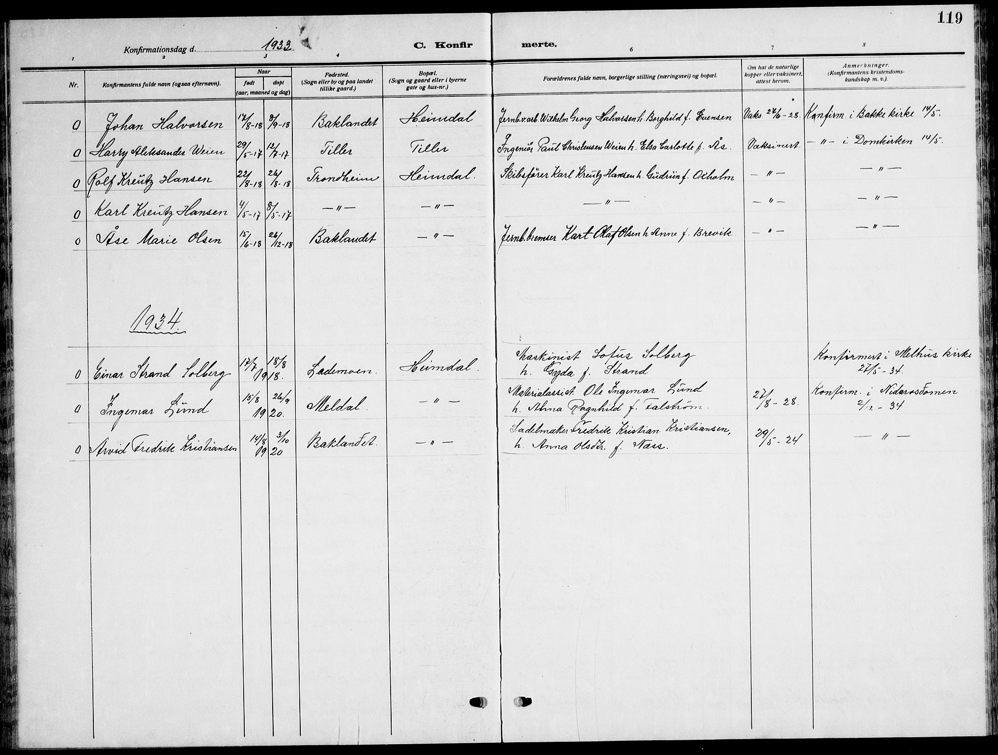 Ministerialprotokoller, klokkerbøker og fødselsregistre - Sør-Trøndelag, SAT/A-1456/621/L0462: Parish register (copy) no. 621C05, 1915-1945, p. 119