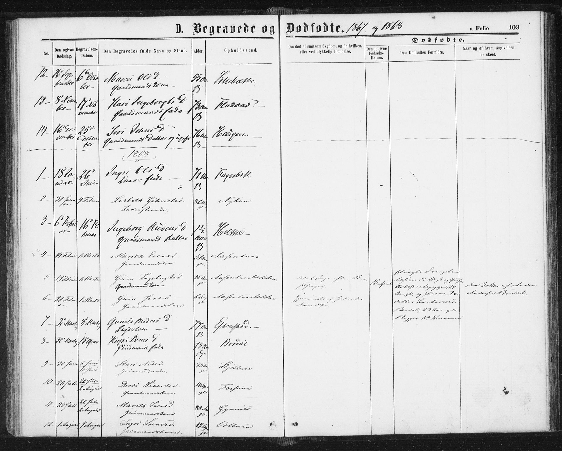 Ministerialprotokoller, klokkerbøker og fødselsregistre - Sør-Trøndelag, AV/SAT-A-1456/689/L1039: Parish register (official) no. 689A04, 1865-1878, p. 103