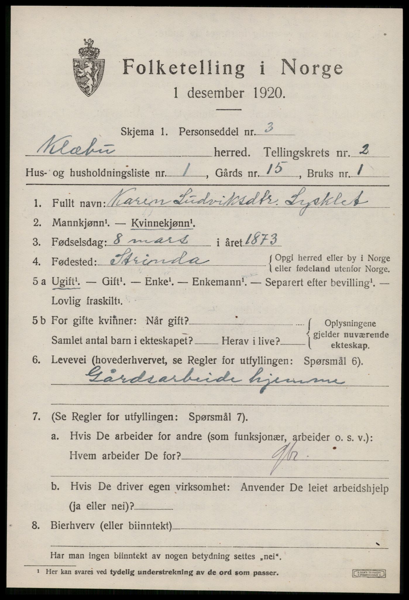 SAT, 1920 census for Klæbu, 1920, p. 906