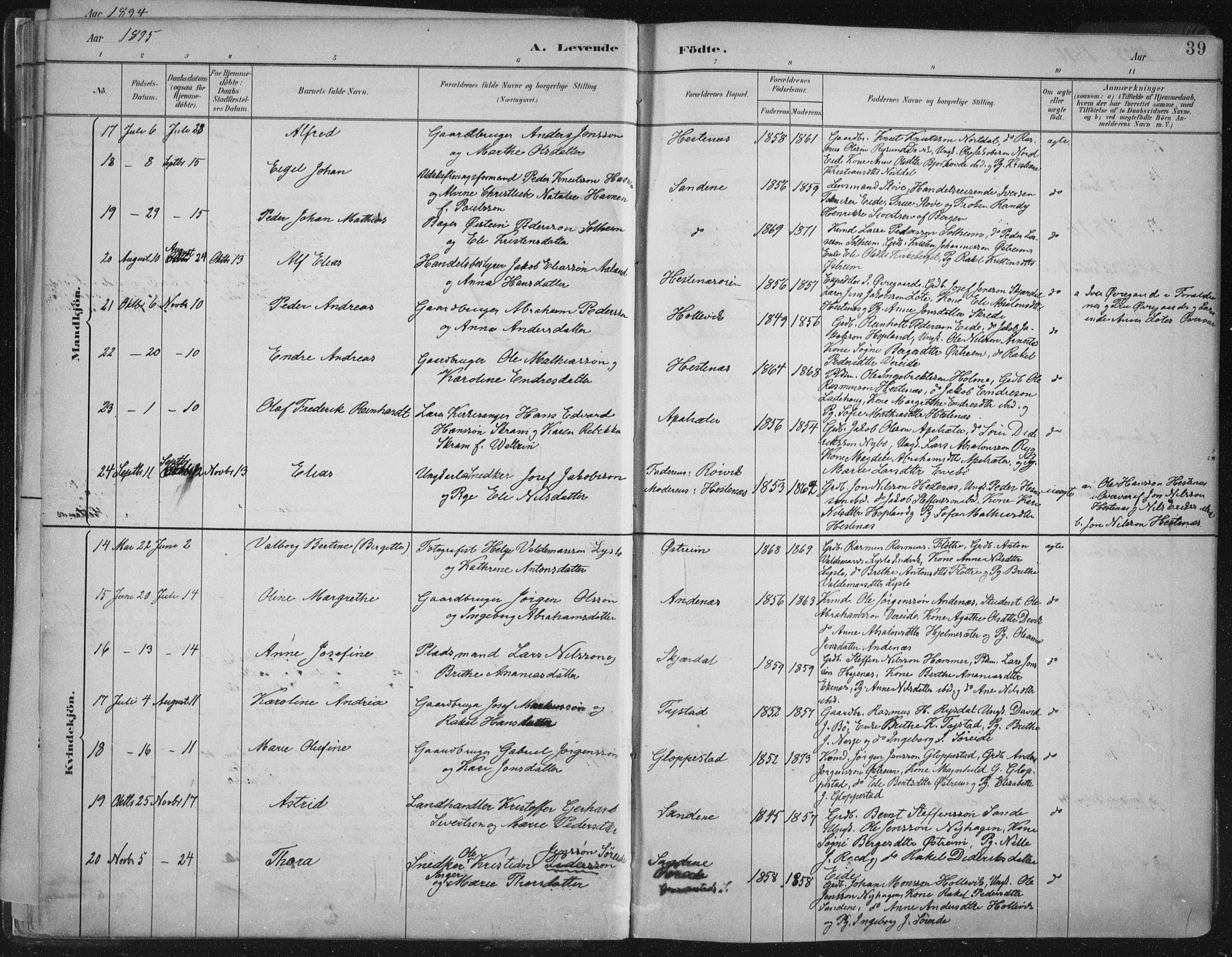 Gloppen sokneprestembete, SAB/A-80101/H/Haa/Haab/L0001: Parish register (official) no. B  1, 1885-1905, p. 39