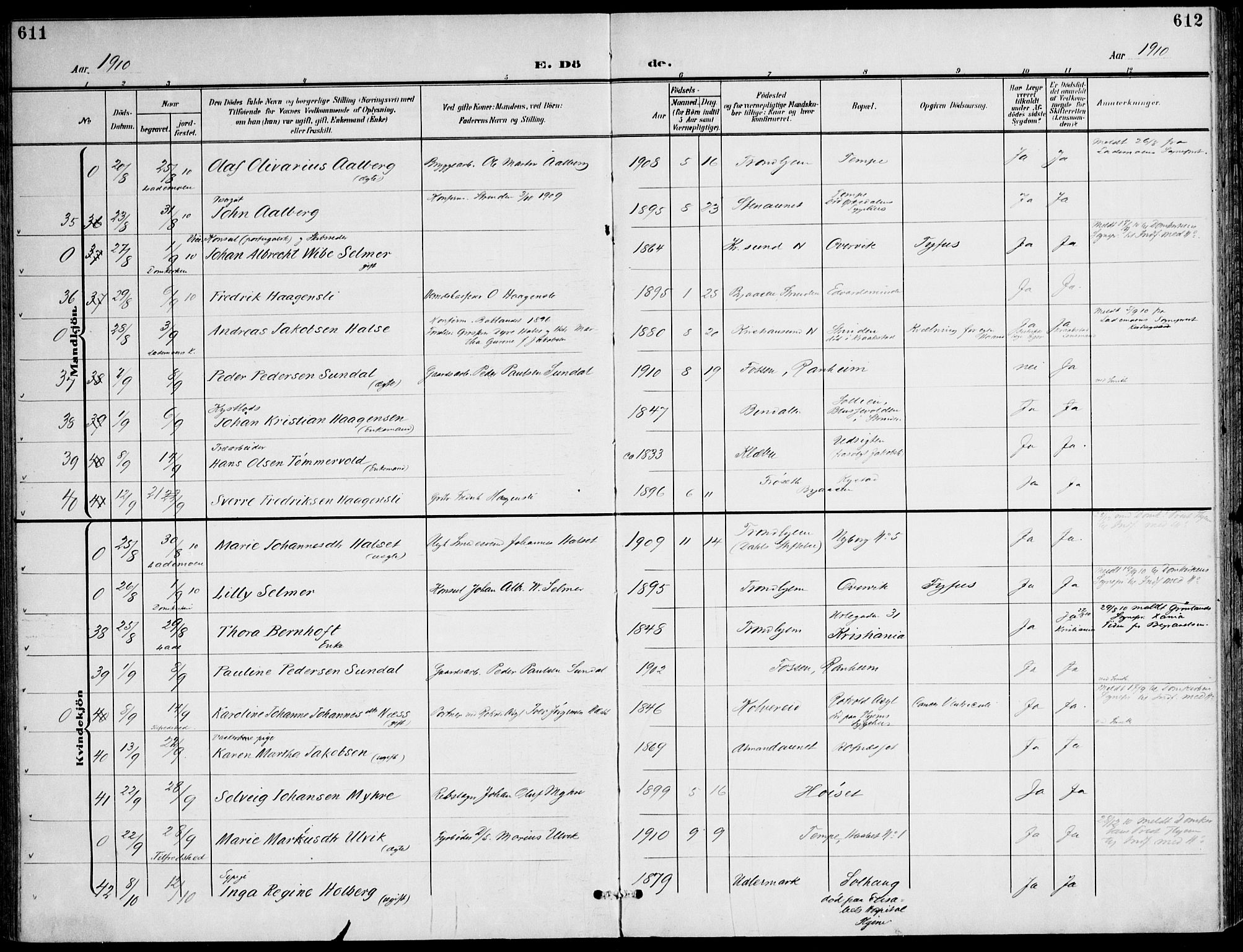 Ministerialprotokoller, klokkerbøker og fødselsregistre - Sør-Trøndelag, SAT/A-1456/607/L0320: Parish register (official) no. 607A04, 1907-1915, p. 611-612