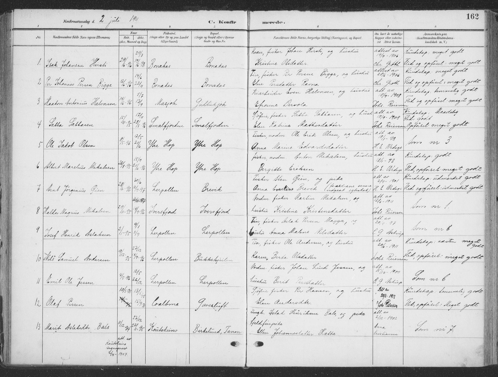 Tana sokneprestkontor, SATØ/S-1334/H/Ha/L0007kirke: Parish register (official) no. 7, 1904-1918, p. 162