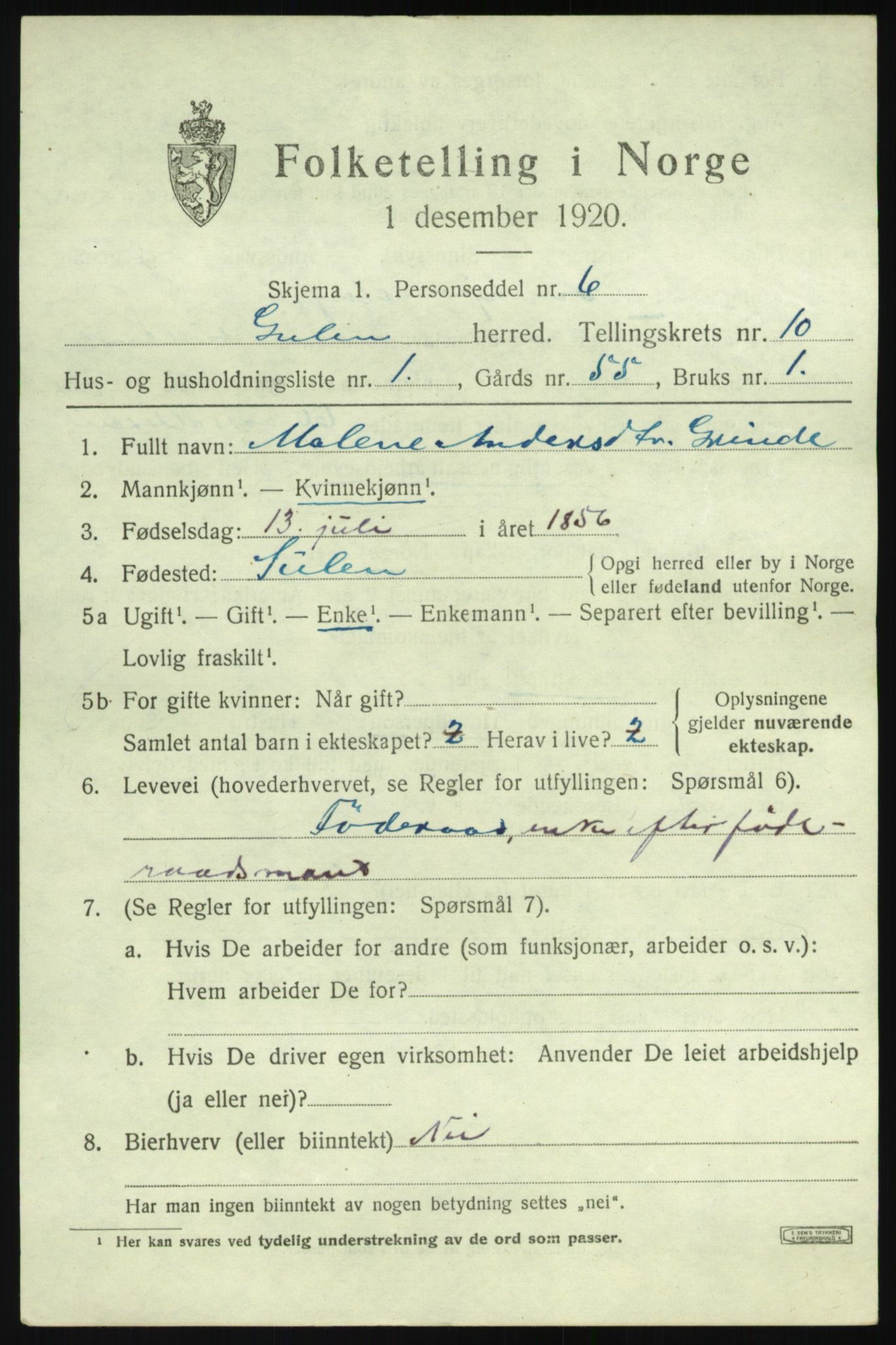 SAB, 1920 census for Gulen, 1920, p. 4561