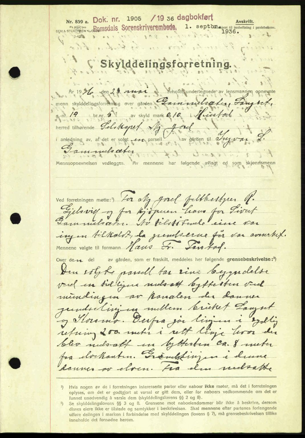 Romsdal sorenskriveri, AV/SAT-A-4149/1/2/2C: Mortgage book no. A2, 1936-1937, Diary no: : 1905/1936