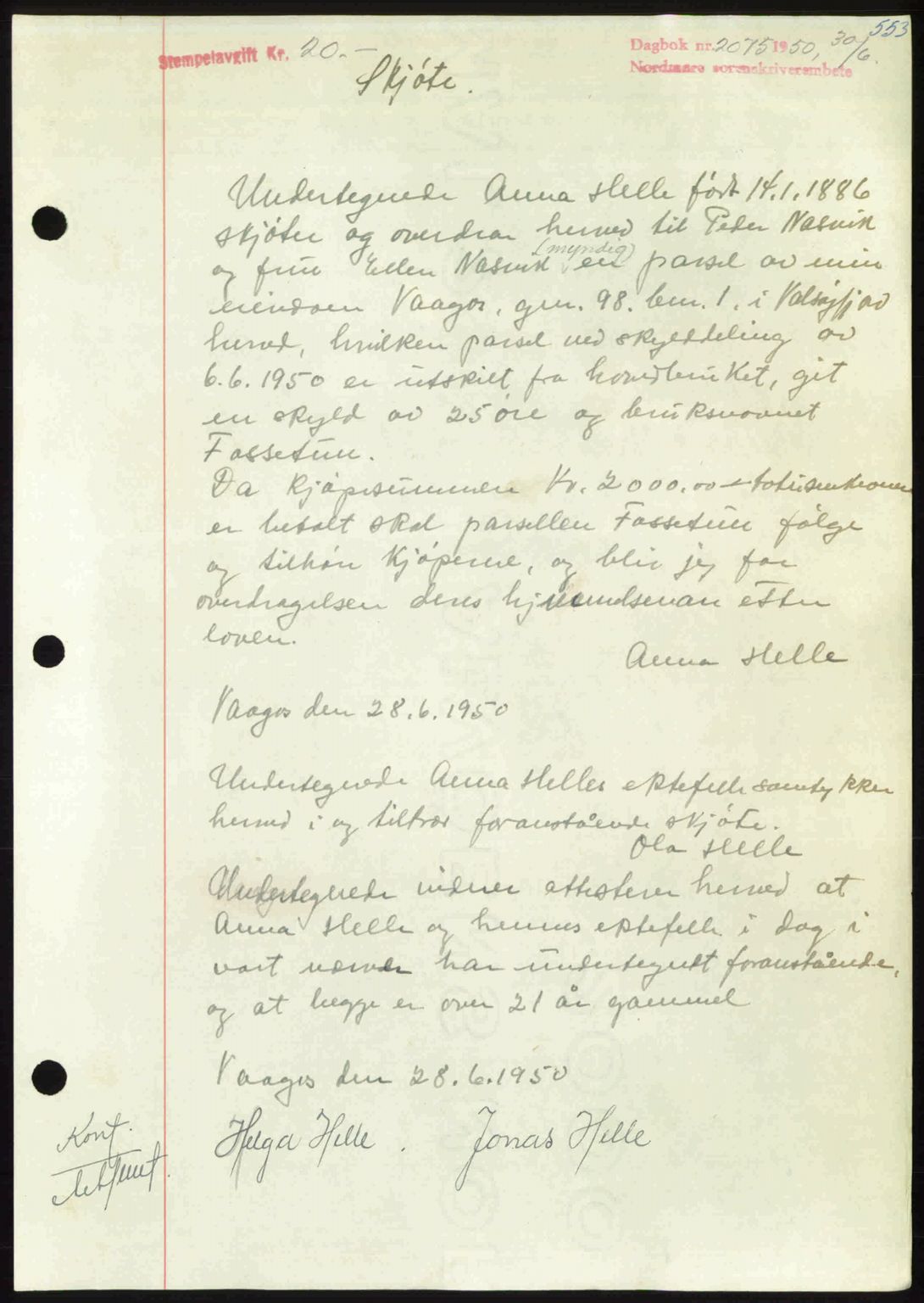 Nordmøre sorenskriveri, AV/SAT-A-4132/1/2/2Ca: Mortgage book no. A115, 1950-1950, Diary no: : 2075/1950