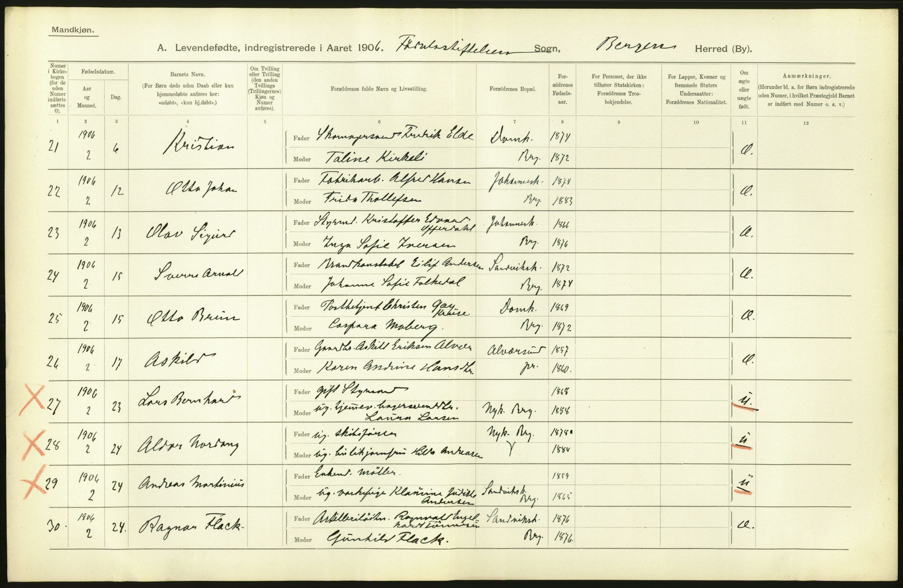 Statistisk sentralbyrå, Sosiodemografiske emner, Befolkning, AV/RA-S-2228/D/Df/Dfa/Dfad/L0031: Bergen: Levendefødte menn og kvinner., 1906, p. 32