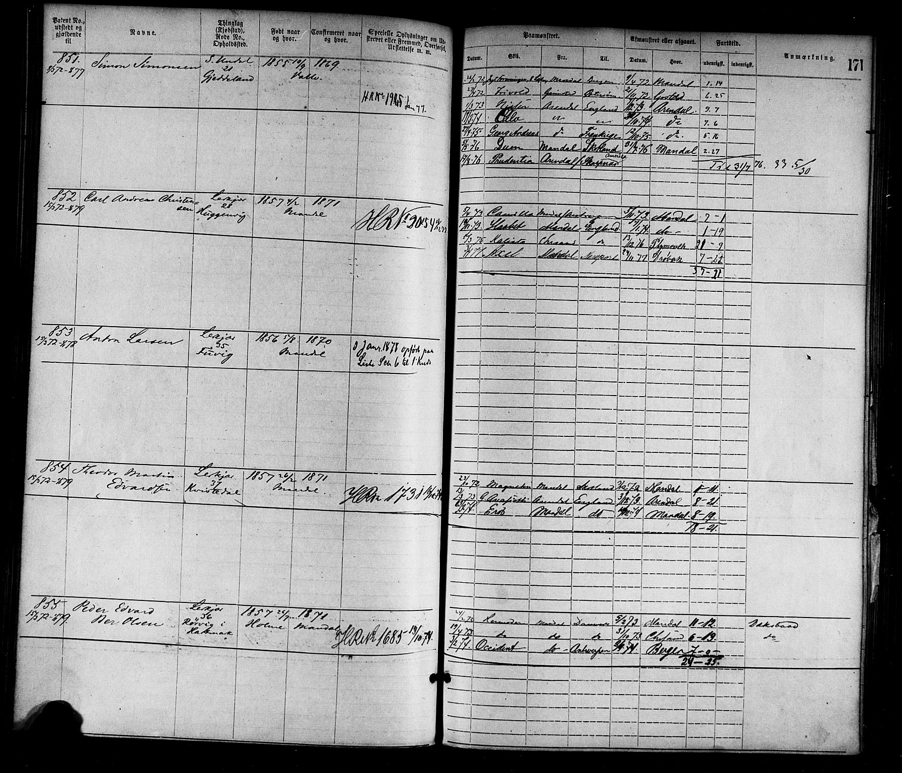 Mandal mønstringskrets, SAK/2031-0016/F/Fa/L0001: Annotasjonsrulle nr 1-1920 med register, L-3, 1869-1881, p. 204