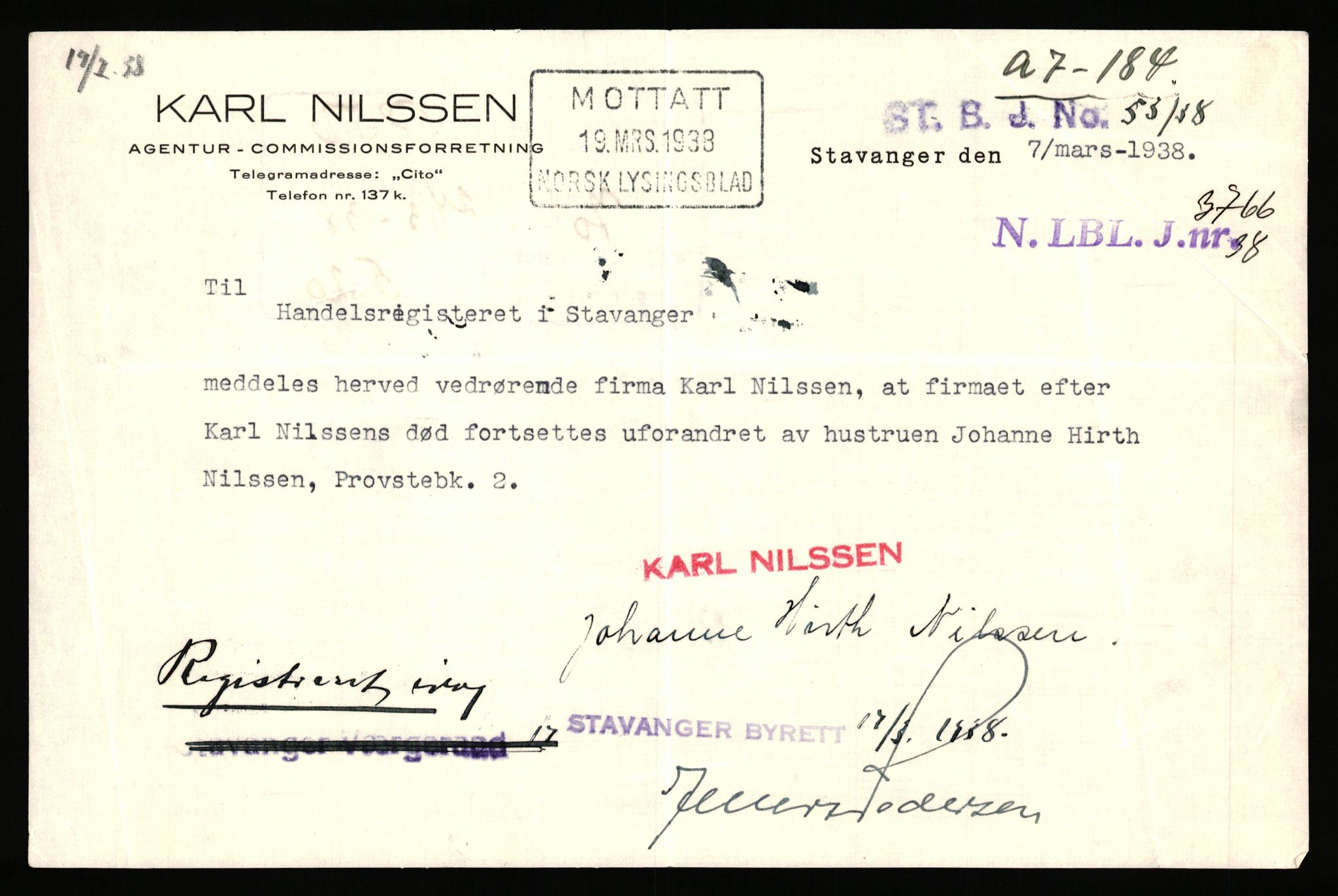 Stavanger byfogd, AV/SAST-A-101408/002/J/Jd/Jde/L0001: Registreringsmeldinger og bilag. Enkeltmannsforetak, 1-350, 1891-1967, p. 386