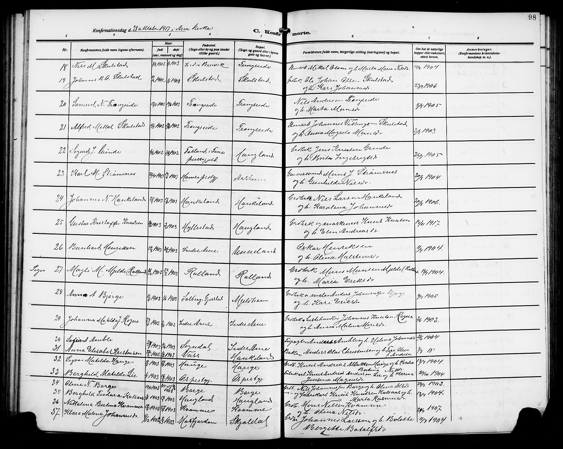 Arna sokneprestembete, AV/SAB-A-74001/H/Ha/Hab: Parish register (copy) no. A 5, 1911-1921, p. 98