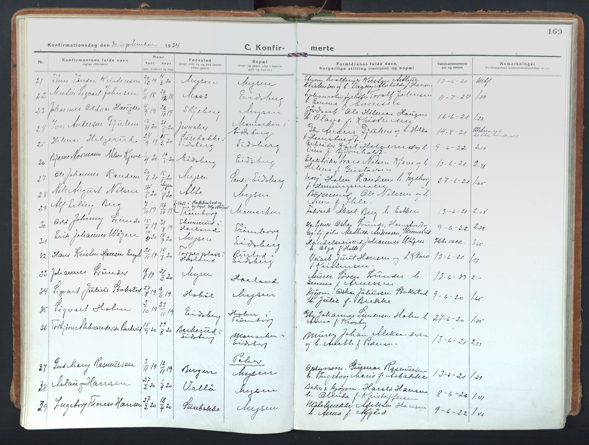 Eidsberg prestekontor Kirkebøker, SAO/A-10905/F/Fd/L0001: Parish register (official) no. IV 1, 1921-1948, p. 169