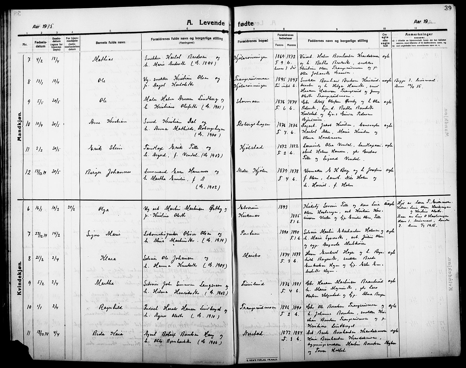 Åsnes prestekontor, SAH/PREST-042/H/Ha/Hab/L0007: Parish register (copy) no. 7, 1909-1926, p. 39