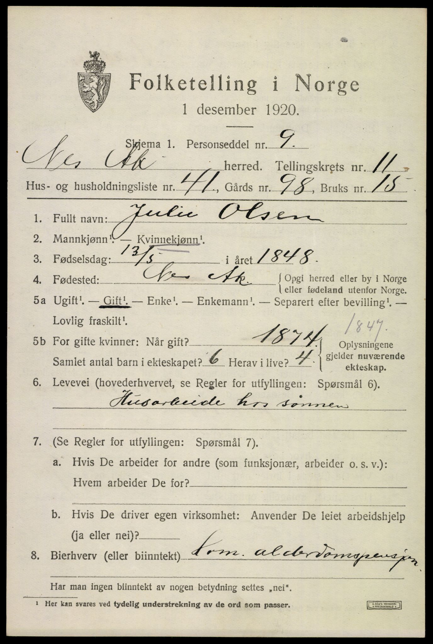 SAO, 1920 census for Nes, 1920, p. 11938