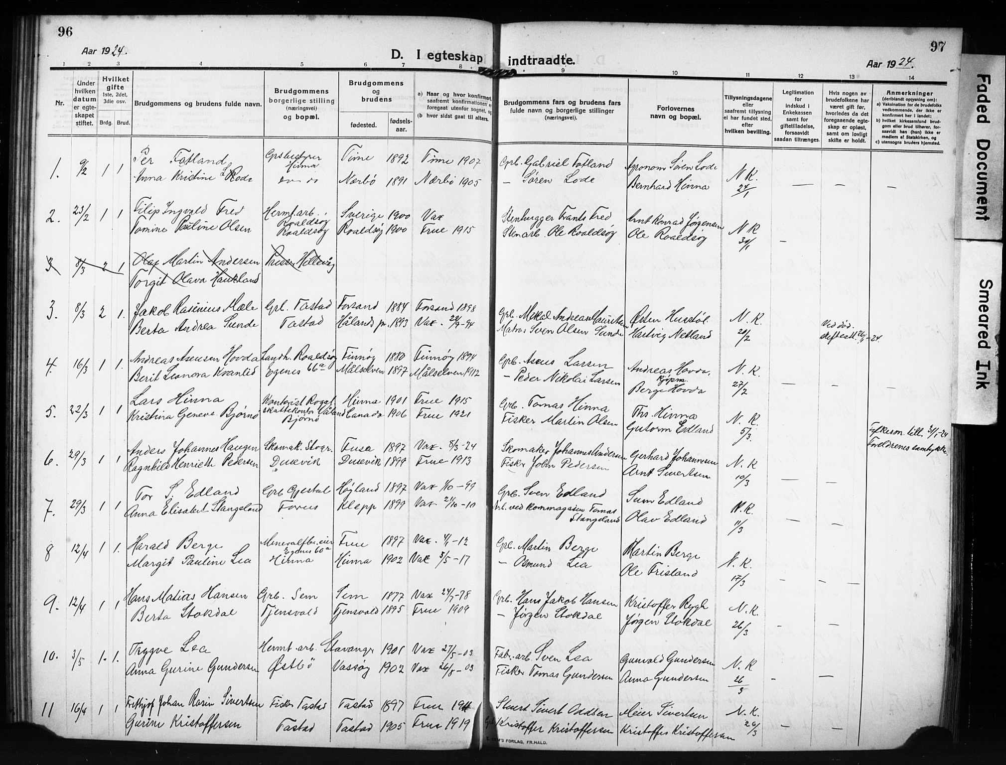 Hetland sokneprestkontor, SAST/A-101826/30/30BB/L0009: Parish register (copy) no. B 9, 1910-1931, p. 96-97