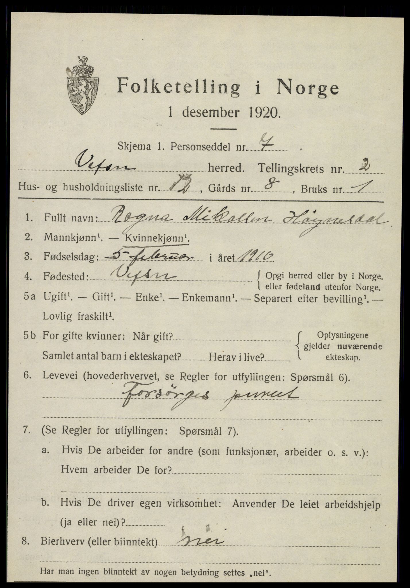 SAT, 1920 census for Vefsn, 1920, p. 2011