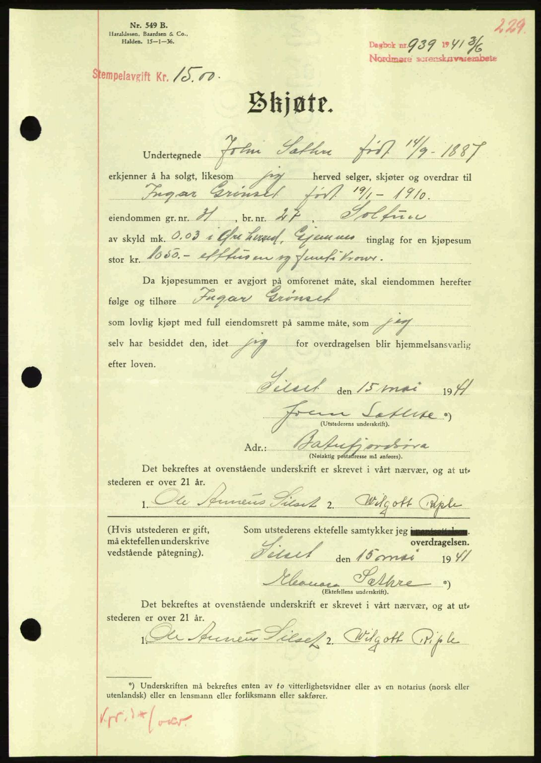 Nordmøre sorenskriveri, SAT/A-4132/1/2/2Ca: Mortgage book no. A90, 1941-1941, Diary no: : 939/1941