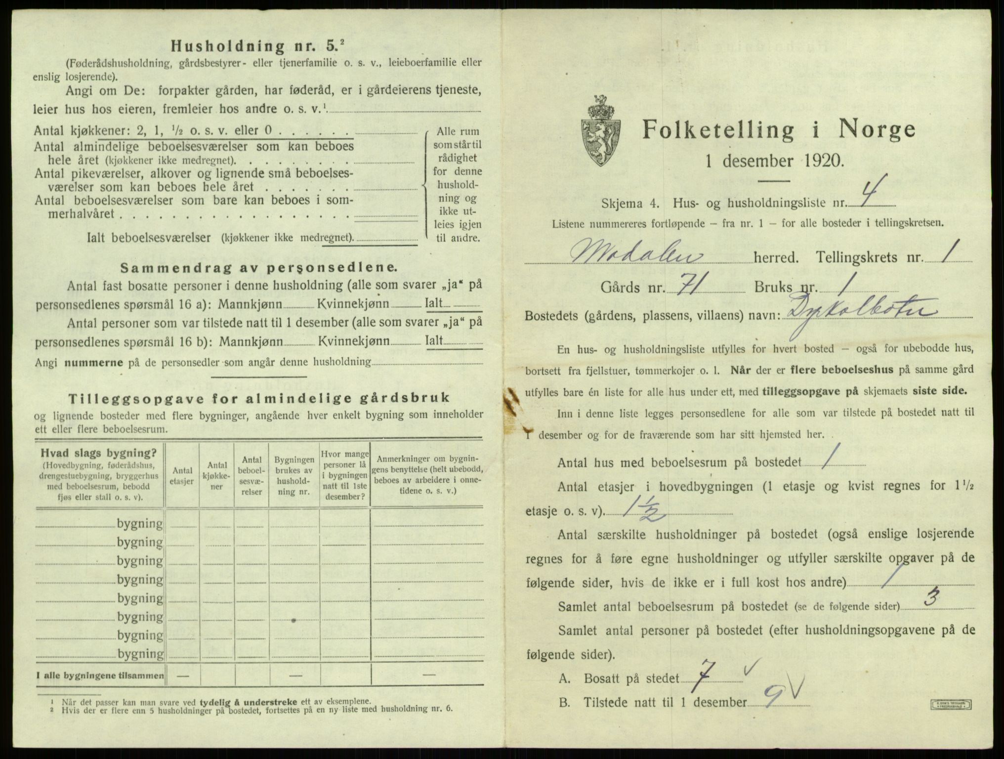 SAB, 1920 census for Modalen, 1920, p. 45