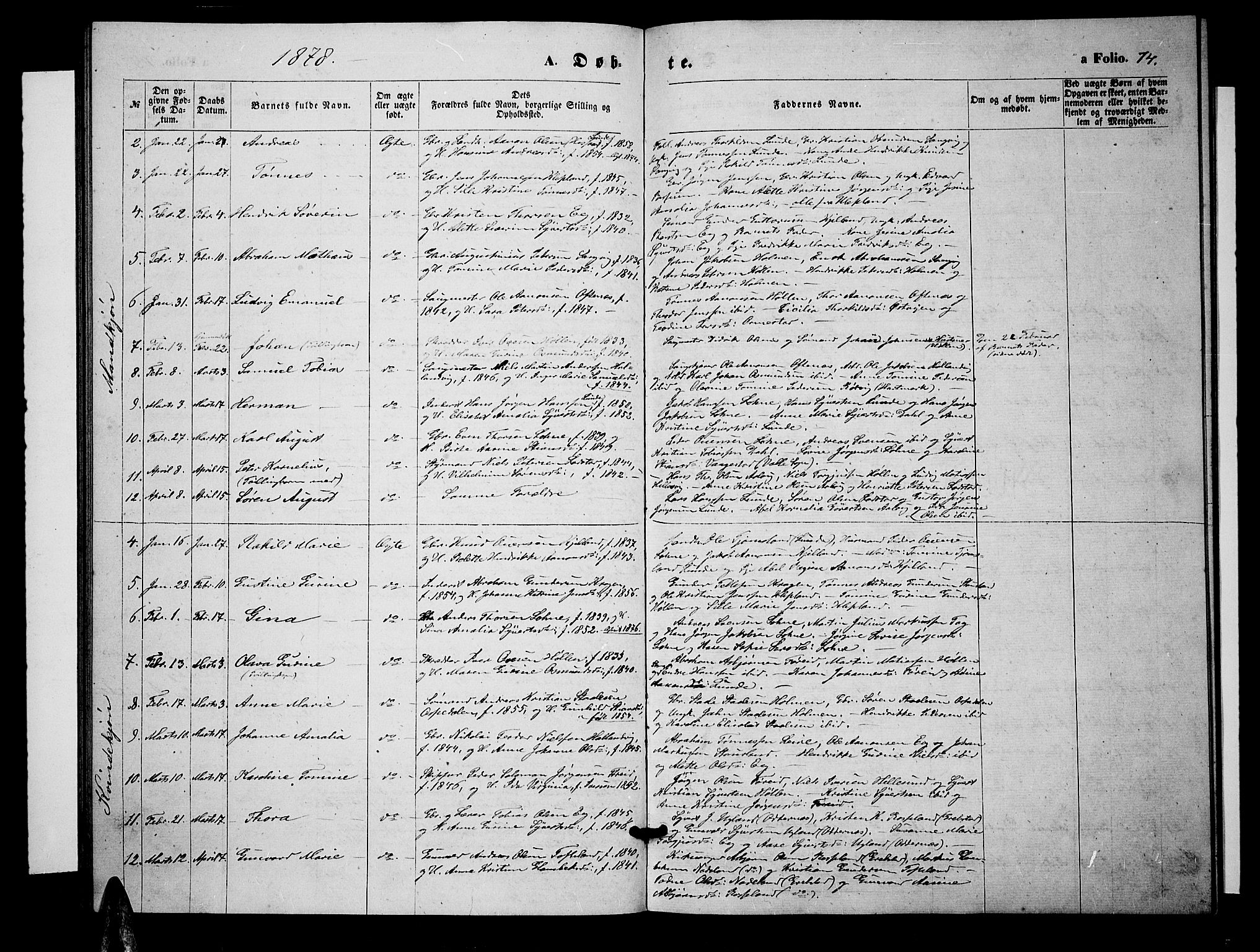 Søgne sokneprestkontor, SAK/1111-0037/F/Fb/Fbb/L0004: Parish register (copy) no. B 4, 1864-1883, p. 74