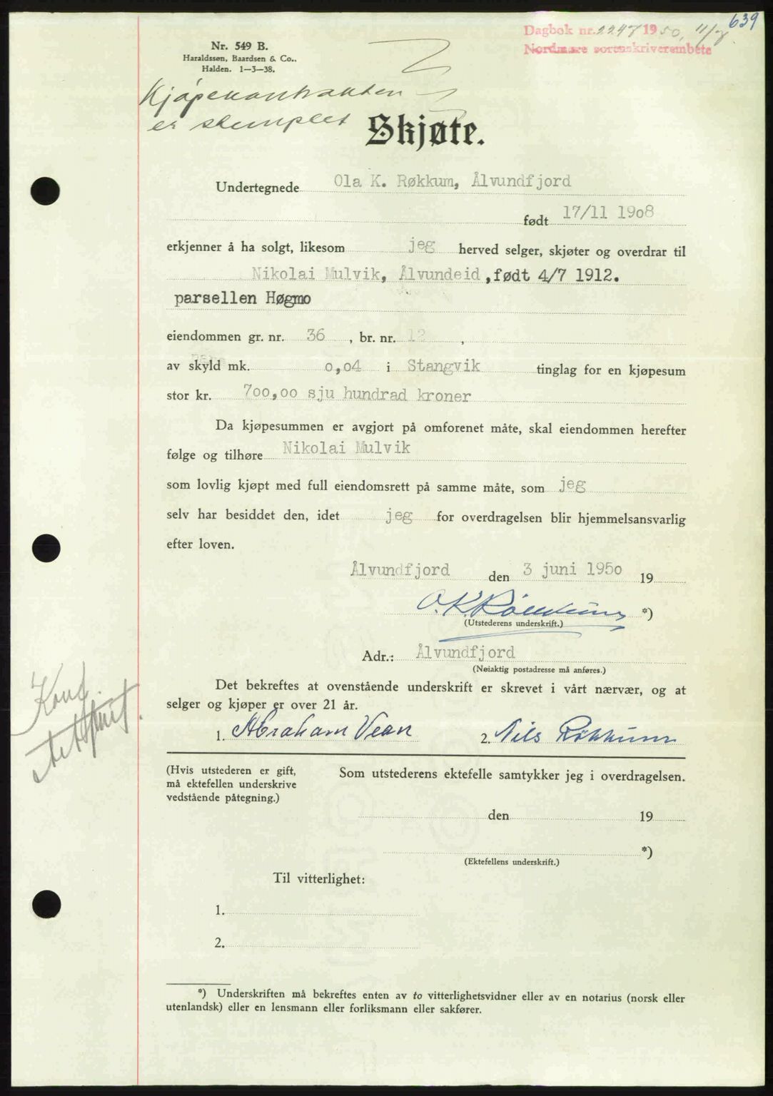 Nordmøre sorenskriveri, AV/SAT-A-4132/1/2/2Ca: Mortgage book no. A115, 1950-1950, Diary no: : 2247/1950