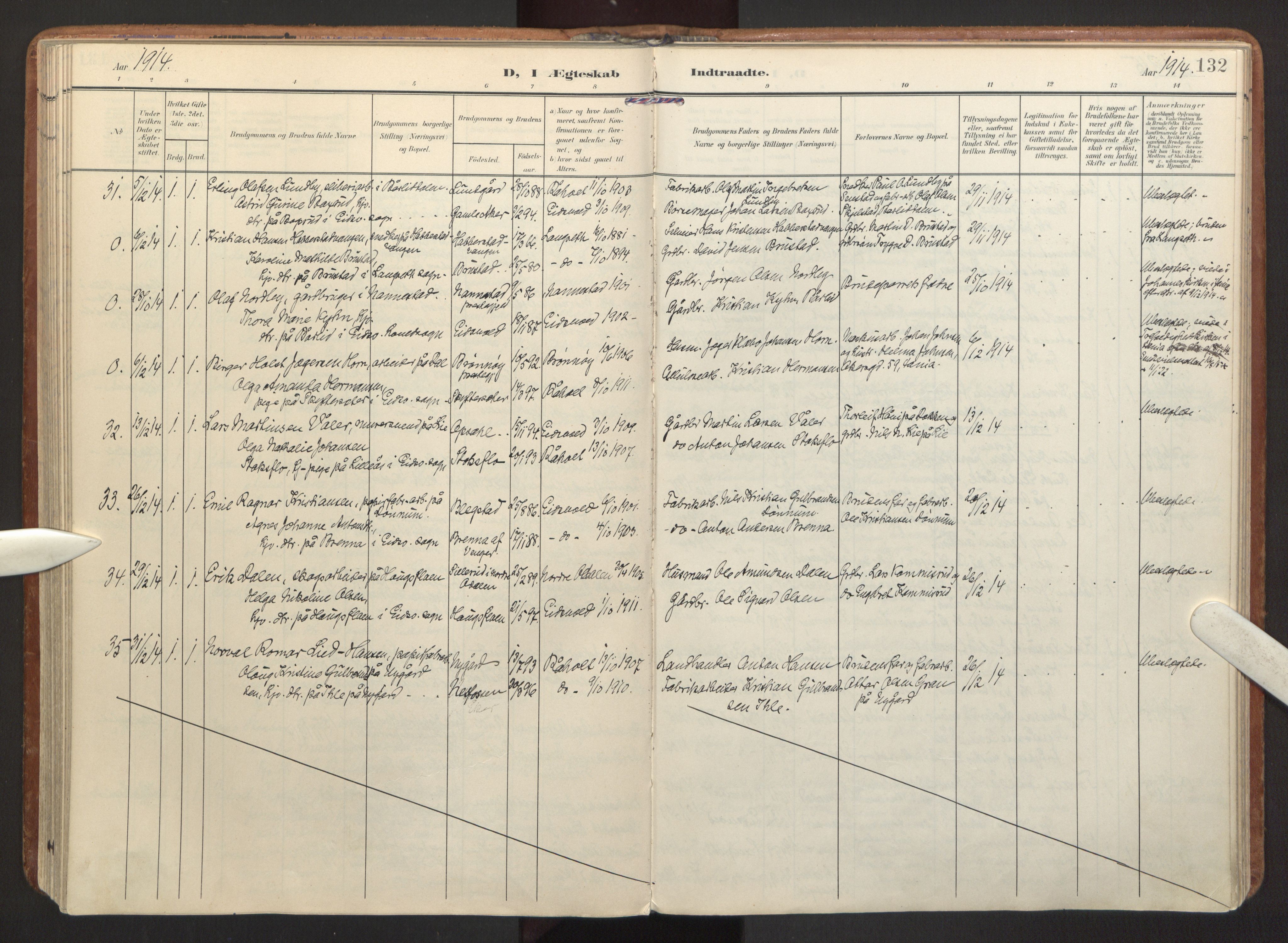 Eidsvoll prestekontor Kirkebøker, AV/SAO-A-10888/F/Fa/L0007: Parish register (official) no. I 7, 1905-1920, p. 132