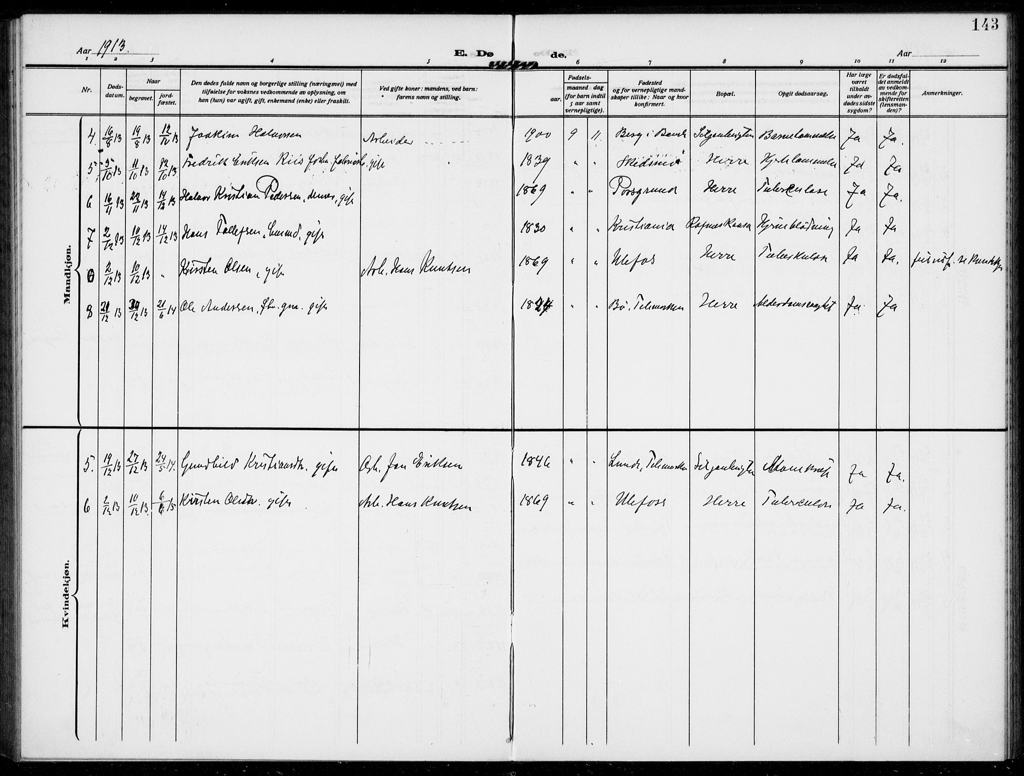 Bamble kirkebøker, SAKO/A-253/F/Fc/L0001: Parish register (official) no. III 1, 1909-1916, p. 143