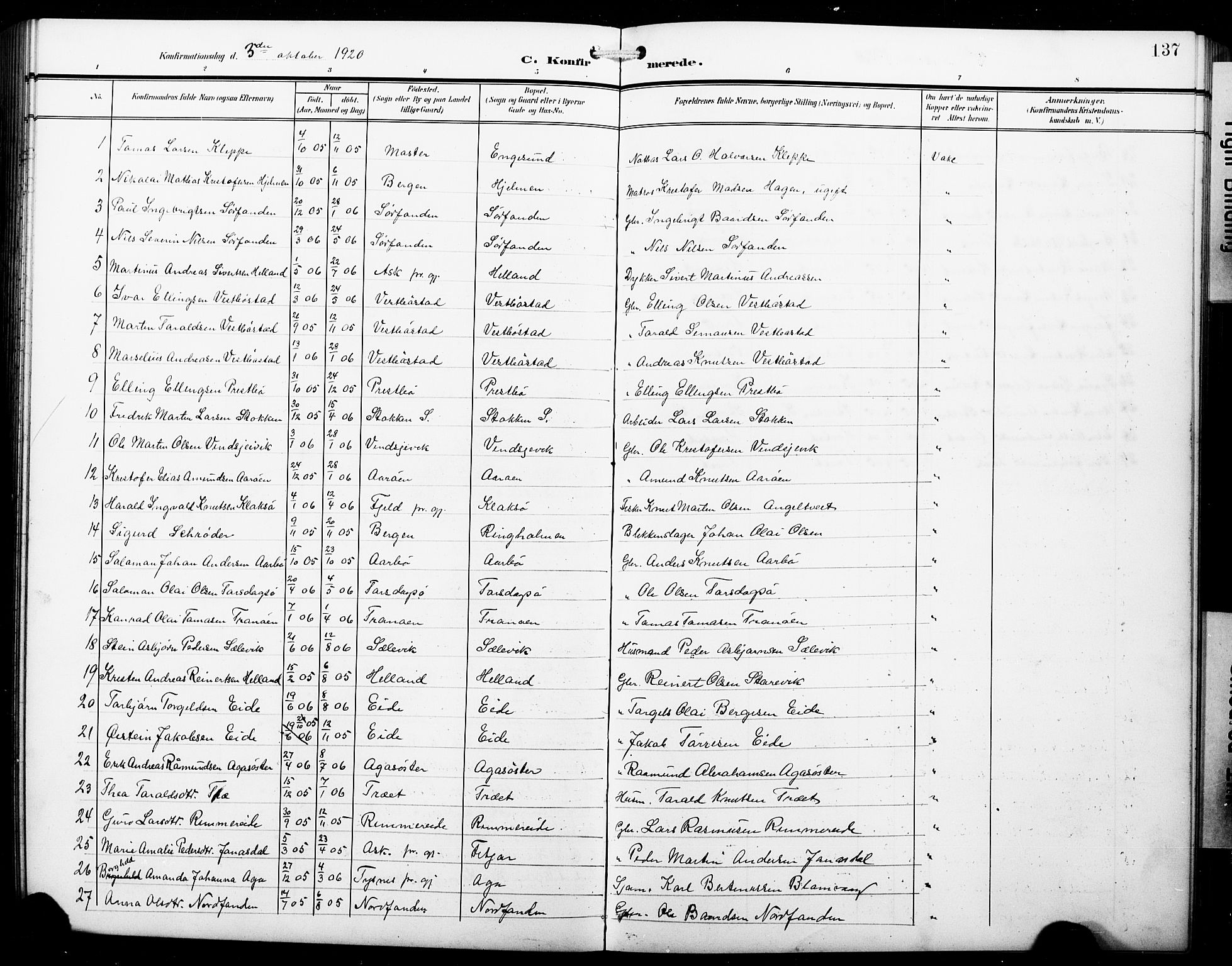 Fitjar sokneprestembete, SAB/A-99926: Parish register (copy) no. B 1, 1906-1928, p. 137