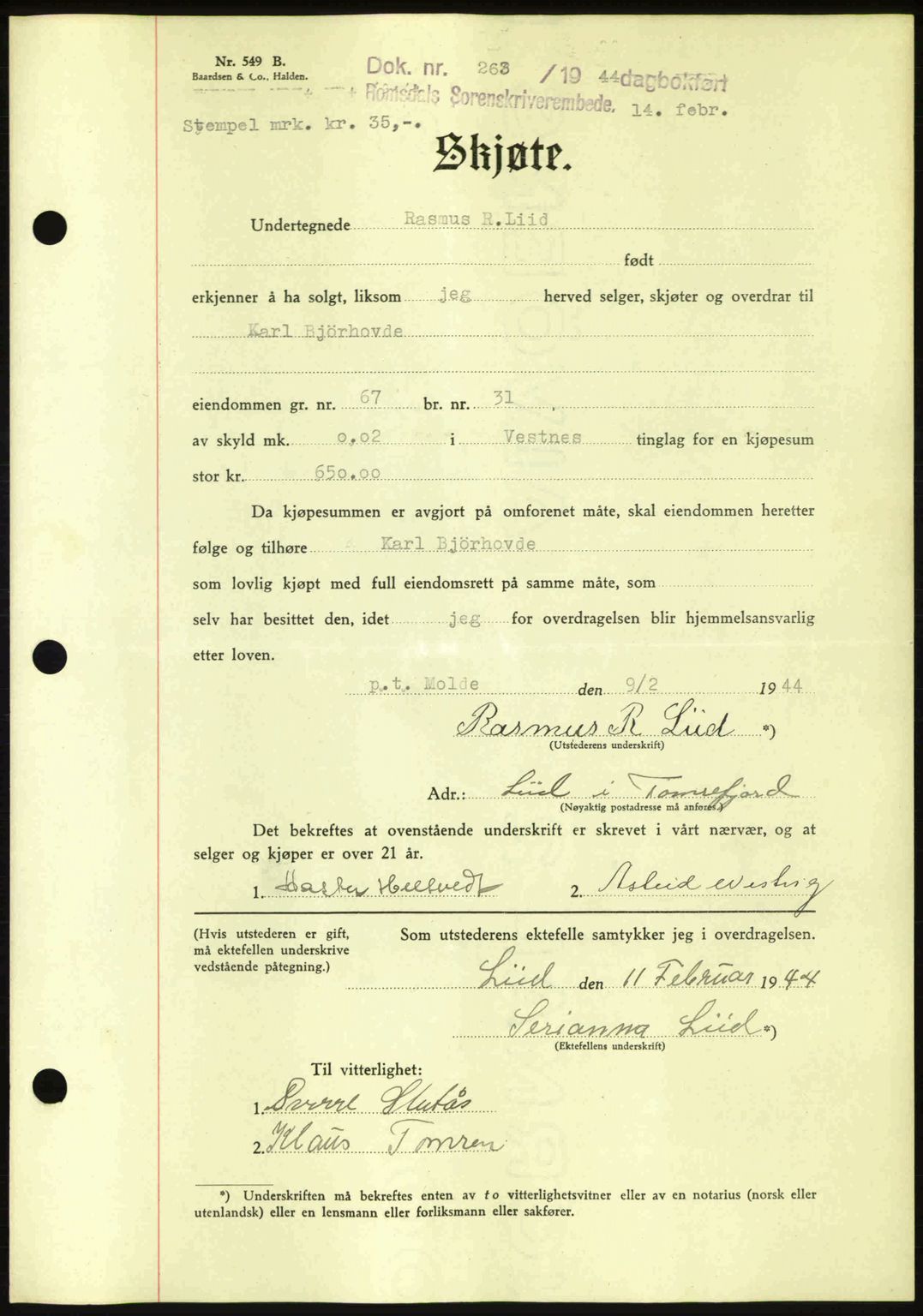 Romsdal sorenskriveri, AV/SAT-A-4149/1/2/2C: Mortgage book no. A15, 1943-1944, Diary no: : 263/1944