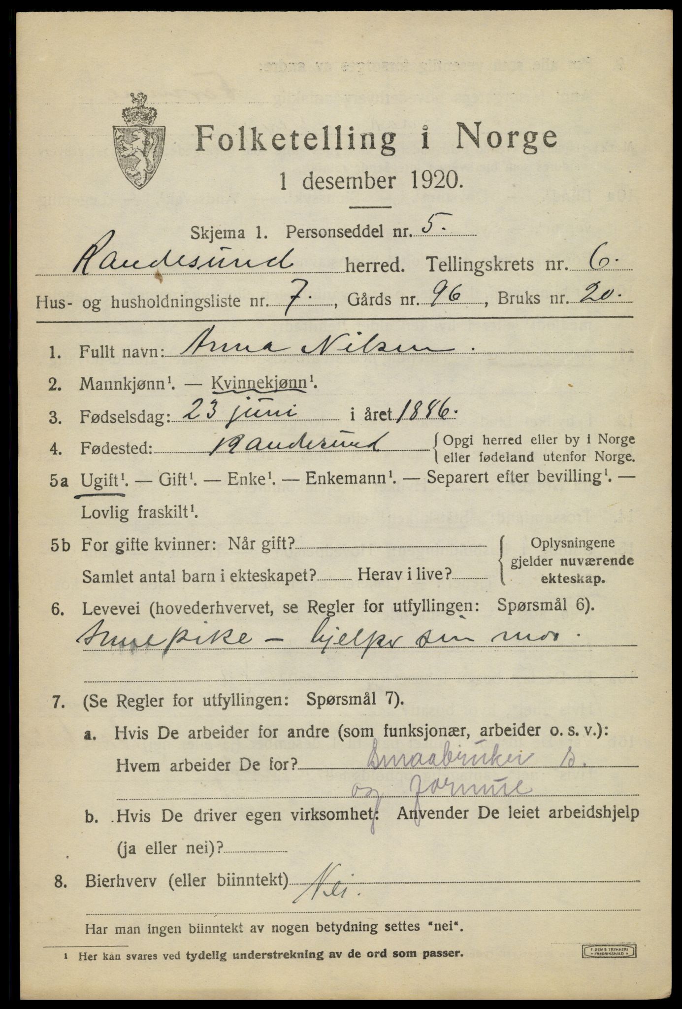SAK, 1920 census for Randesund, 1920, p. 2796