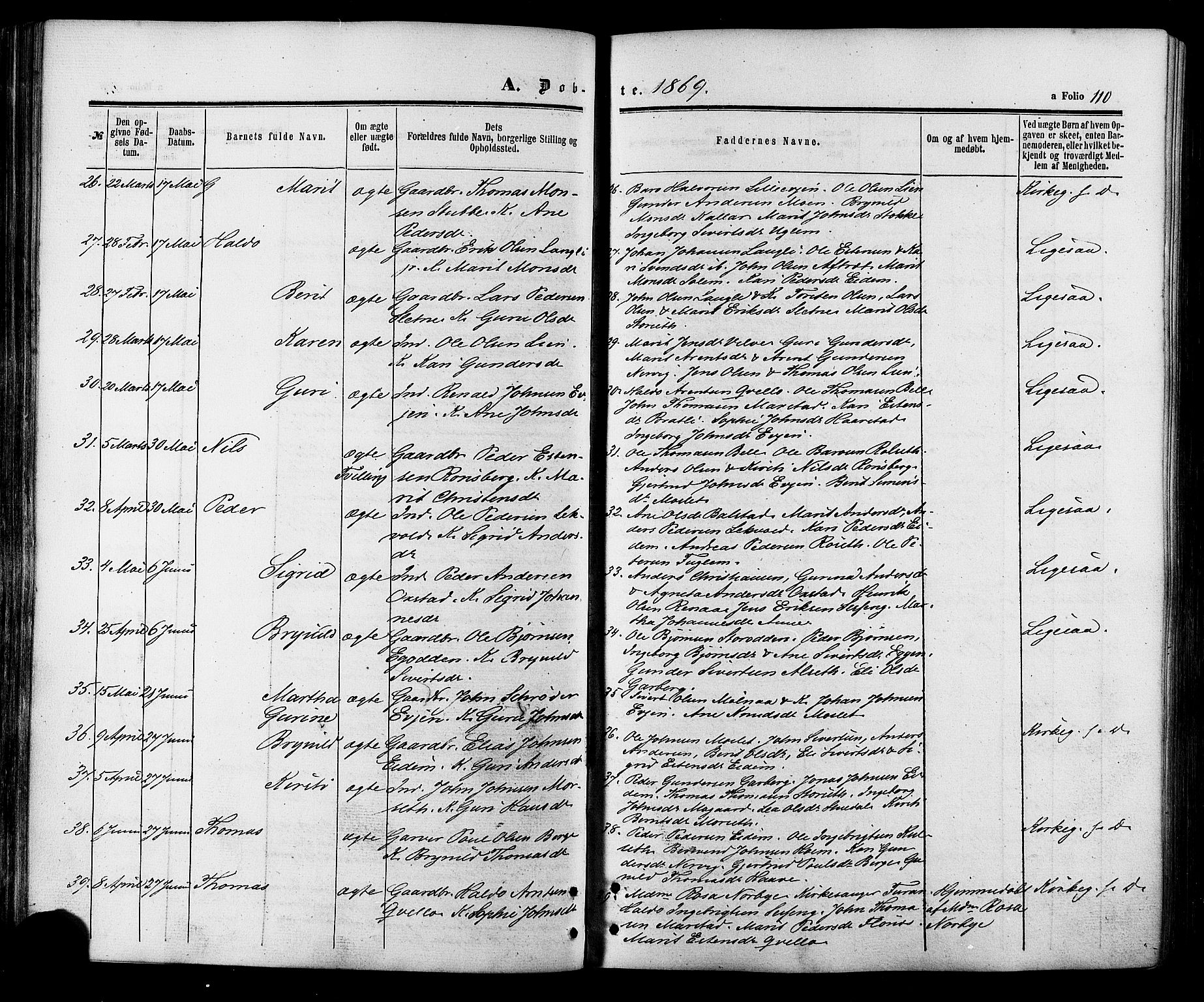 Ministerialprotokoller, klokkerbøker og fødselsregistre - Sør-Trøndelag, SAT/A-1456/695/L1147: Parish register (official) no. 695A07, 1860-1877, p. 110