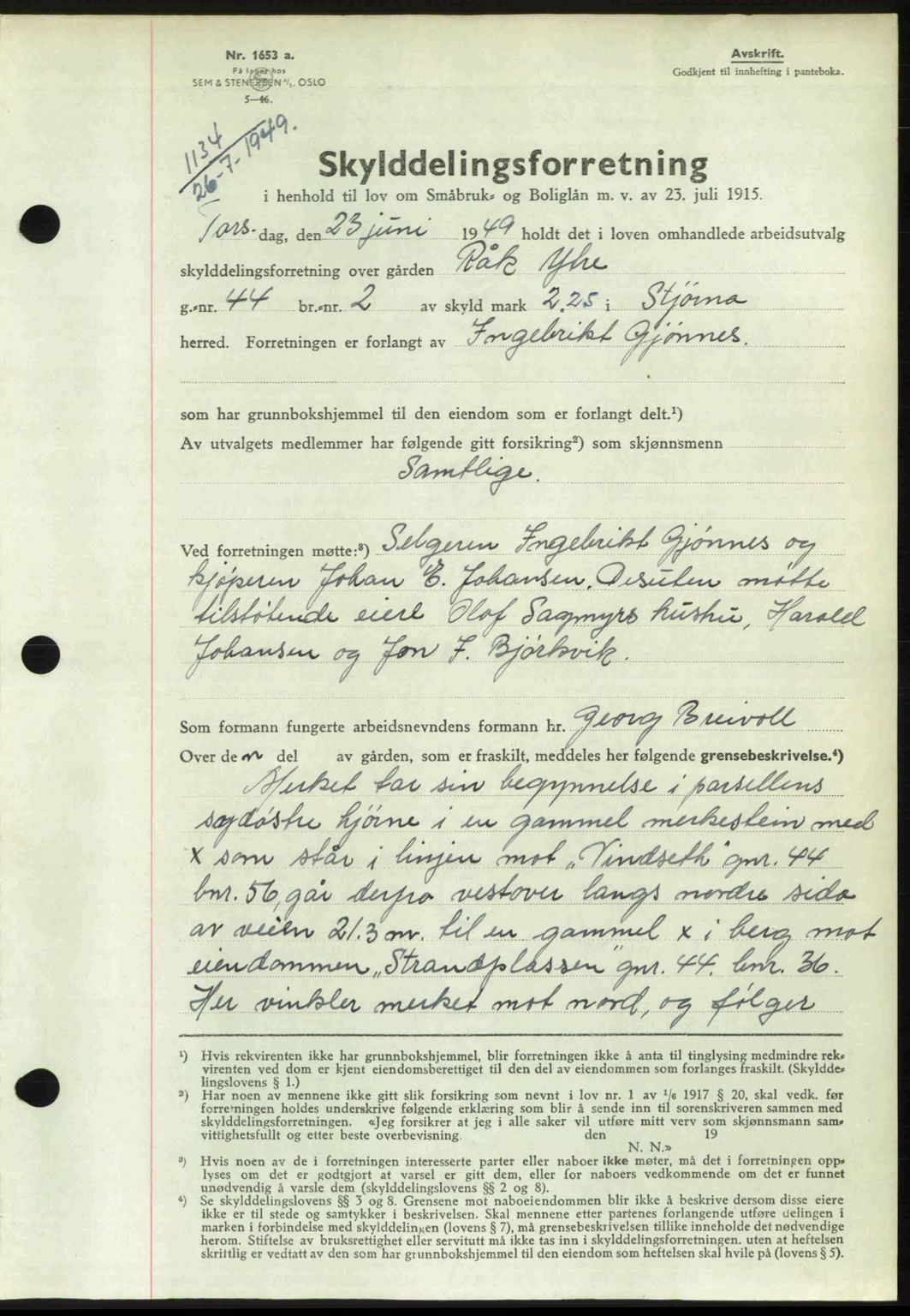 Fosen sorenskriveri, AV/SAT-A-1107/1/2/2C: Mortgage book no. A7-9, 1947-1949, Diary no: : 1134/1949