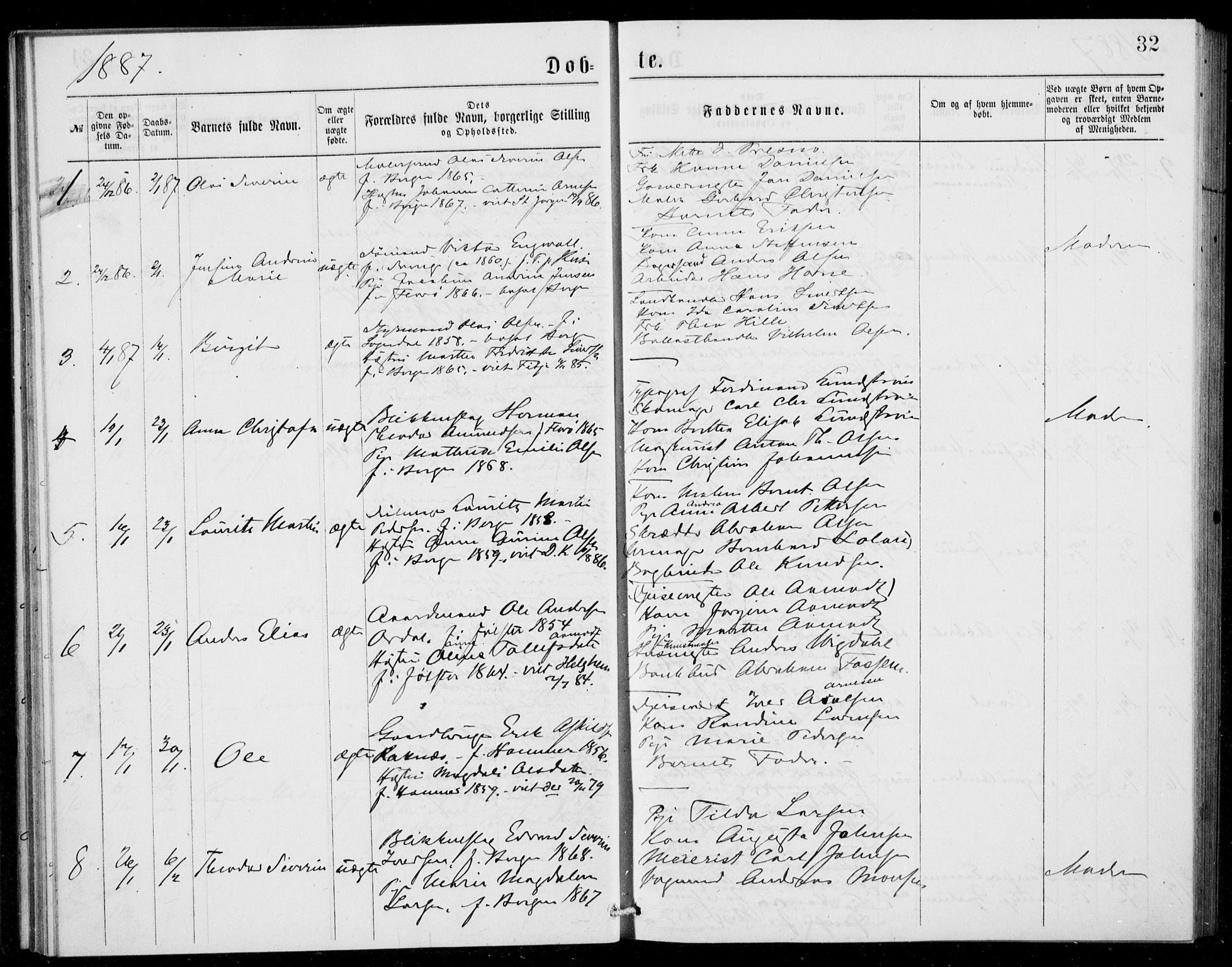 Fødselsstiftelsens sokneprestembete, ført av overlegen*, SAB/-: Parish register (official) no. A 2, 1884-1900, p. 32