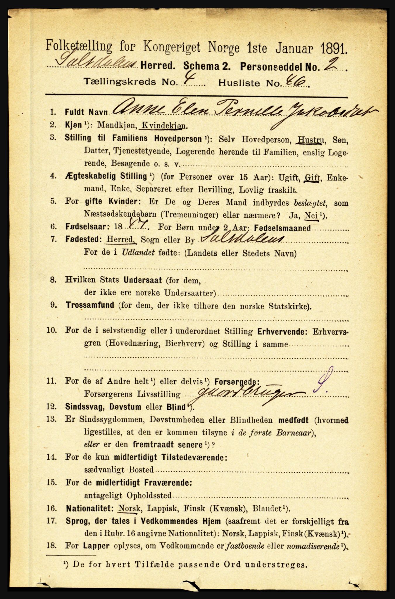 RA, 1891 census for 1840 Saltdal, 1891, p. 2637