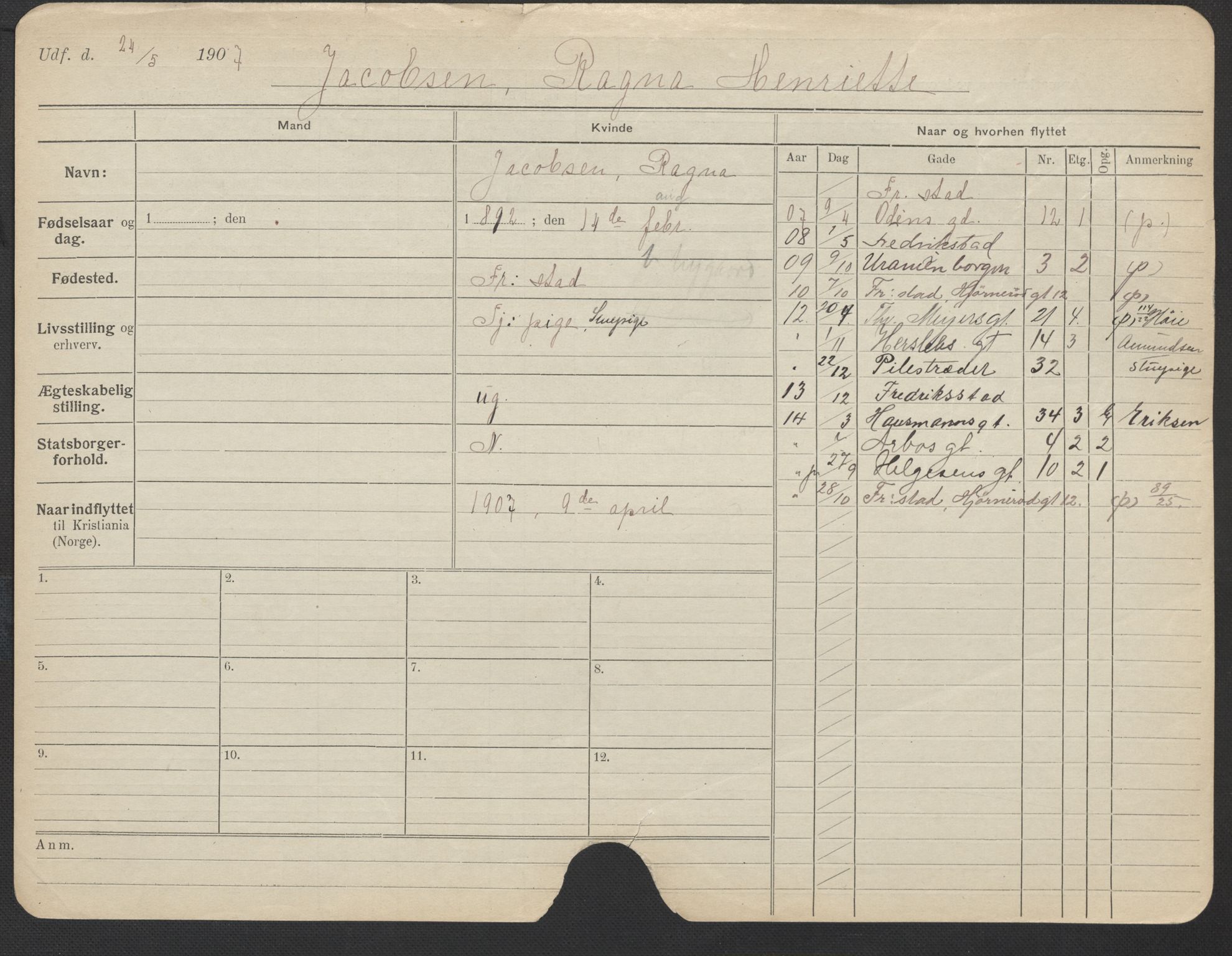 Oslo folkeregister, Registerkort, AV/SAO-A-11715/F/Fa/Fac/L0017: Kvinner, 1906-1914, p. 274a