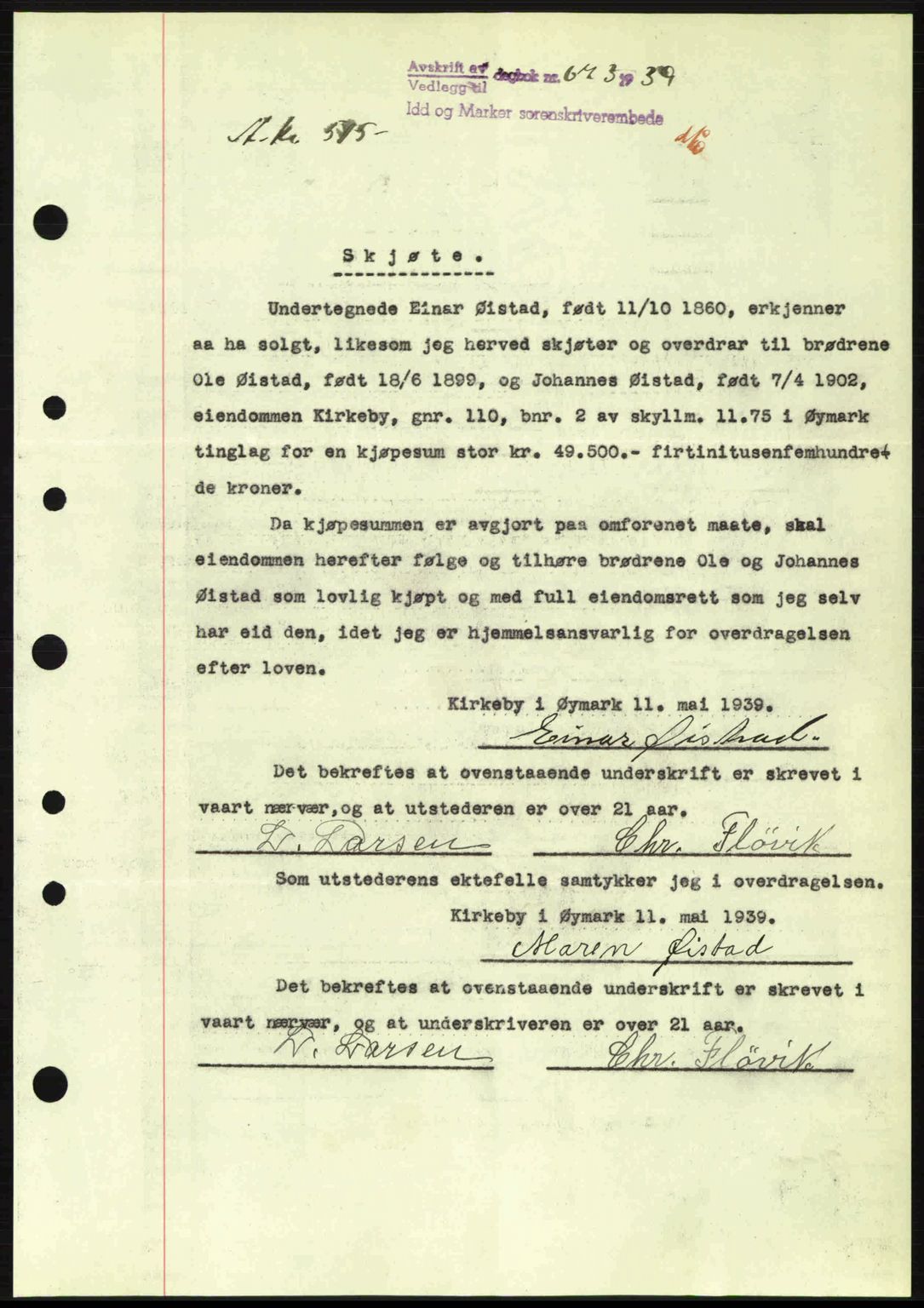 Idd og Marker sorenskriveri, AV/SAO-A-10283/G/Gb/Gbb/L0003: Mortgage book no. A3, 1938-1939, Diary no: : 673/1939