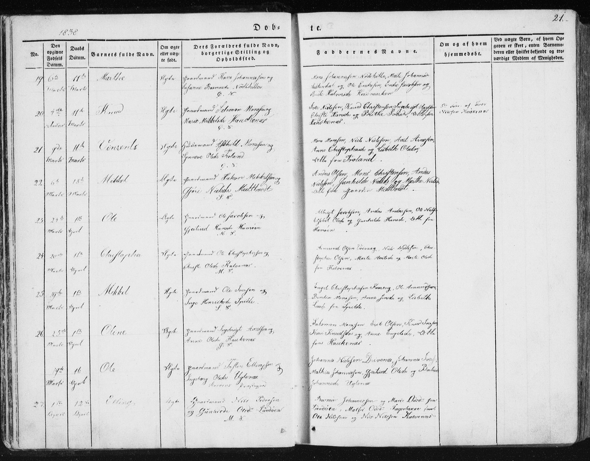 Sund sokneprestembete, AV/SAB-A-99930: Parish register (official) no. A 13, 1835-1849, p. 21