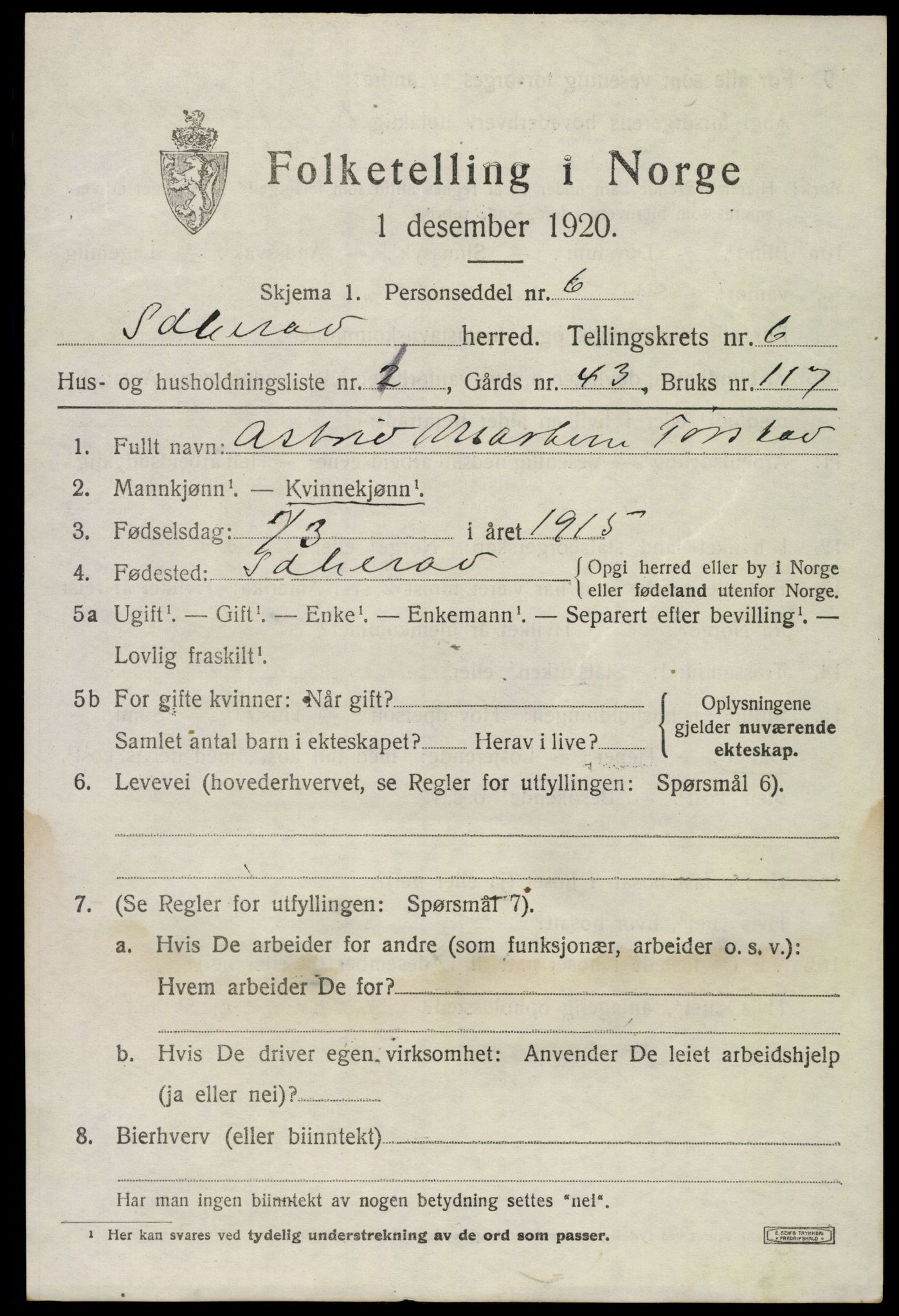 SAKO, 1920 census for Sandeherred, 1920, p. 9568