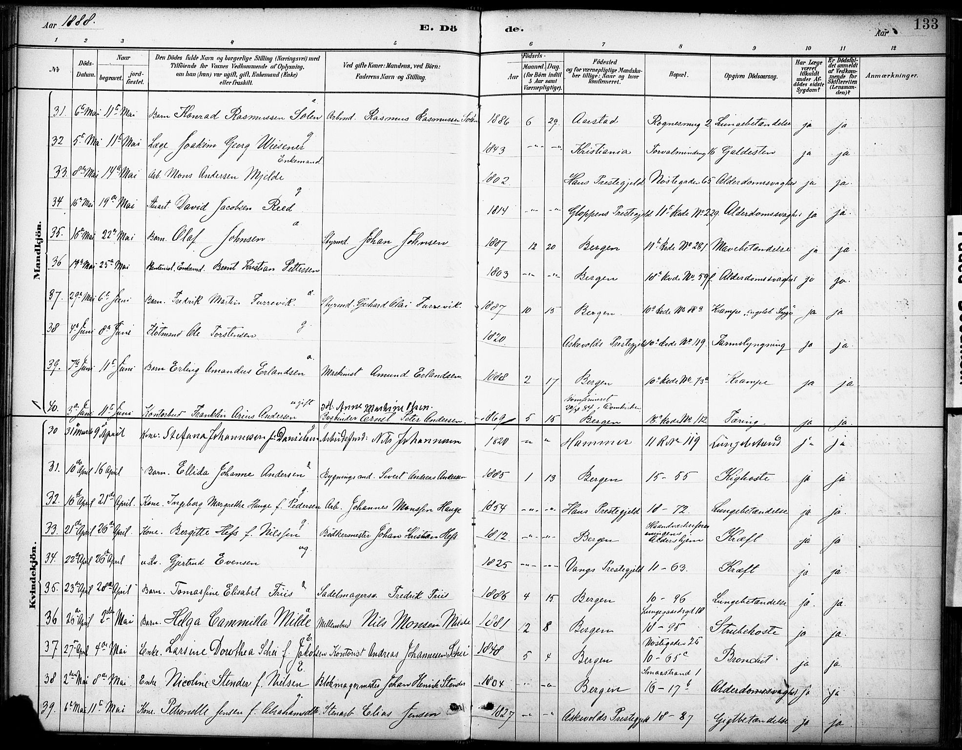 Domkirken sokneprestembete, AV/SAB-A-74801/H/Haa/L0043: Parish register (official) no. E 5, 1882-1904, p. 133