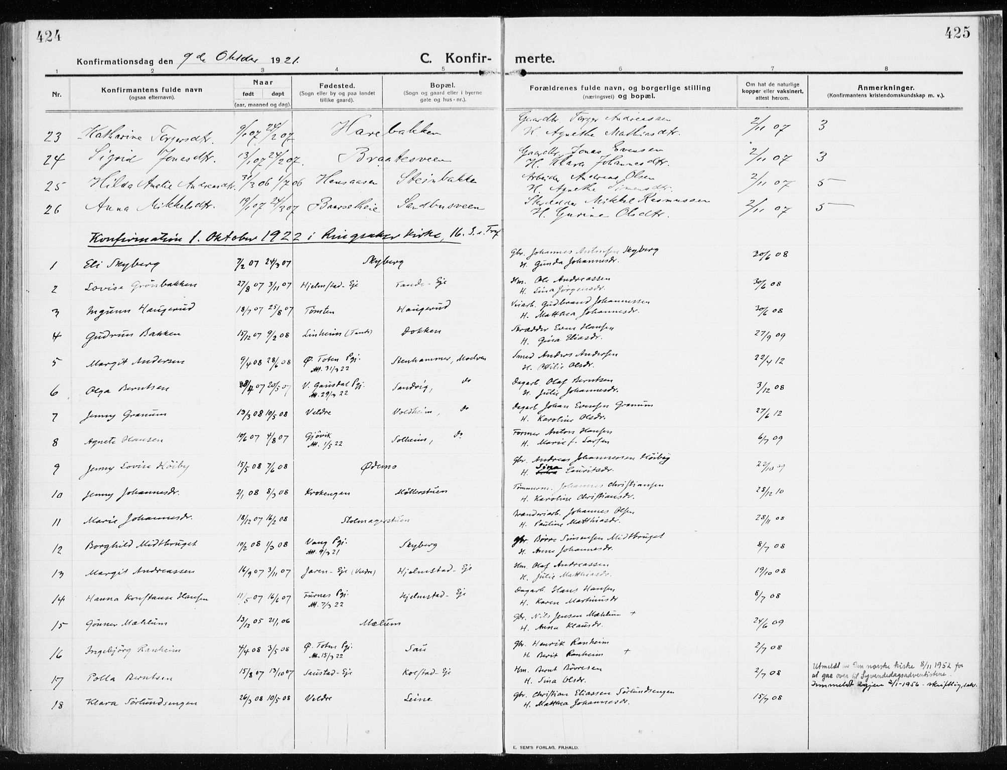 Ringsaker prestekontor, AV/SAH-PREST-014/K/Ka/L0020: Parish register (official) no. 20, 1913-1922, p. 424-425