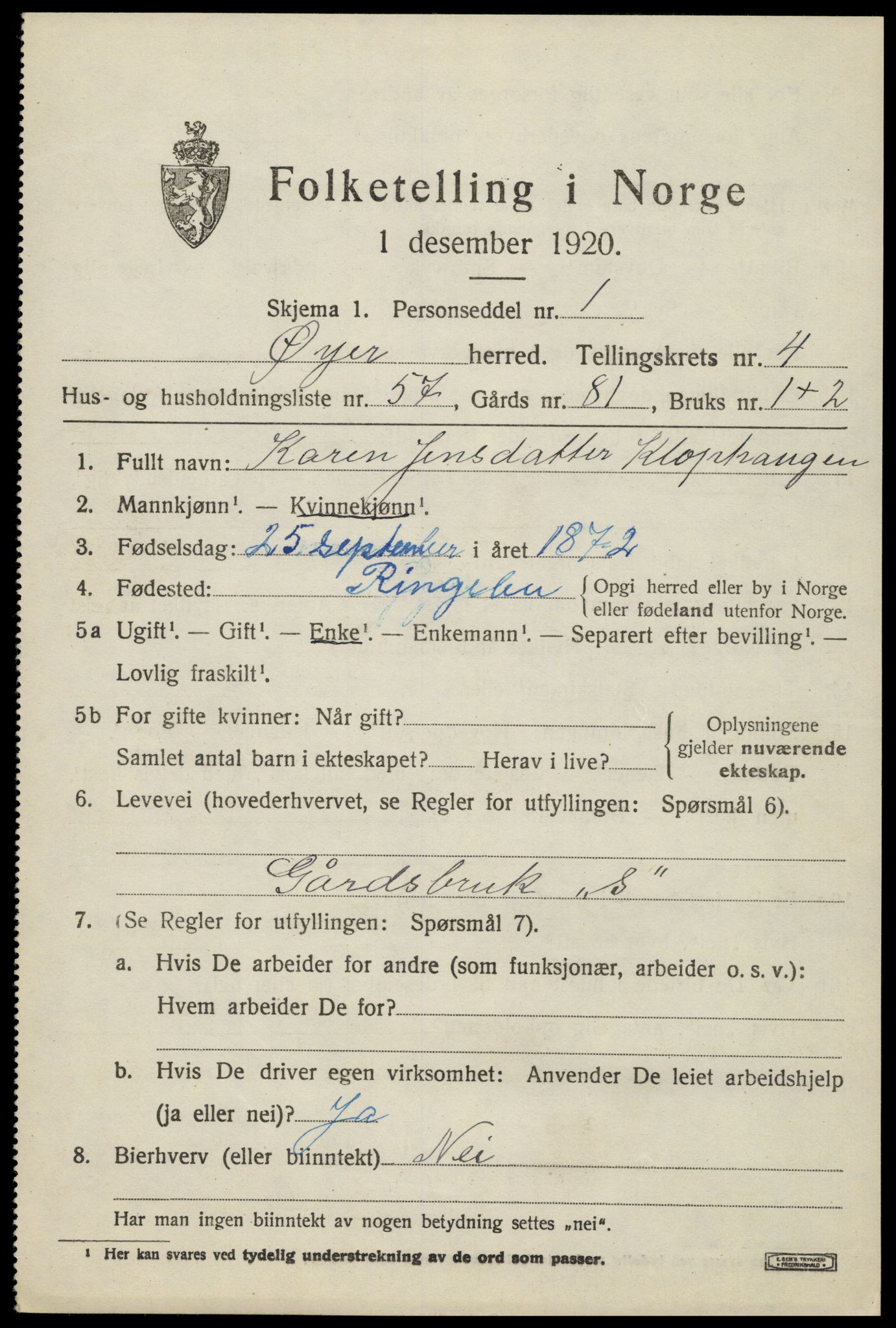 SAH, 1920 census for Øyer, 1920, p. 4459