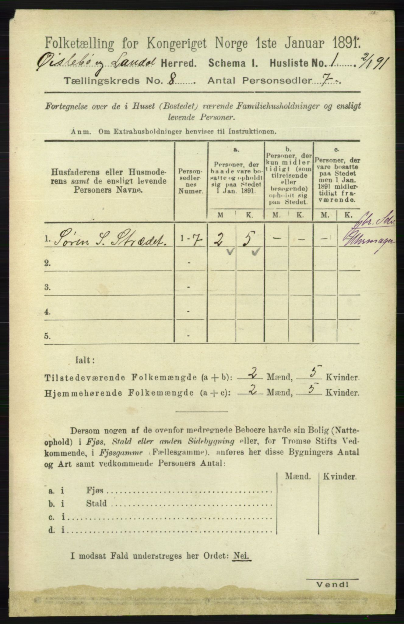 RA, 1891 census for 1021 Øyslebø og Laudal, 1891, p. 2055