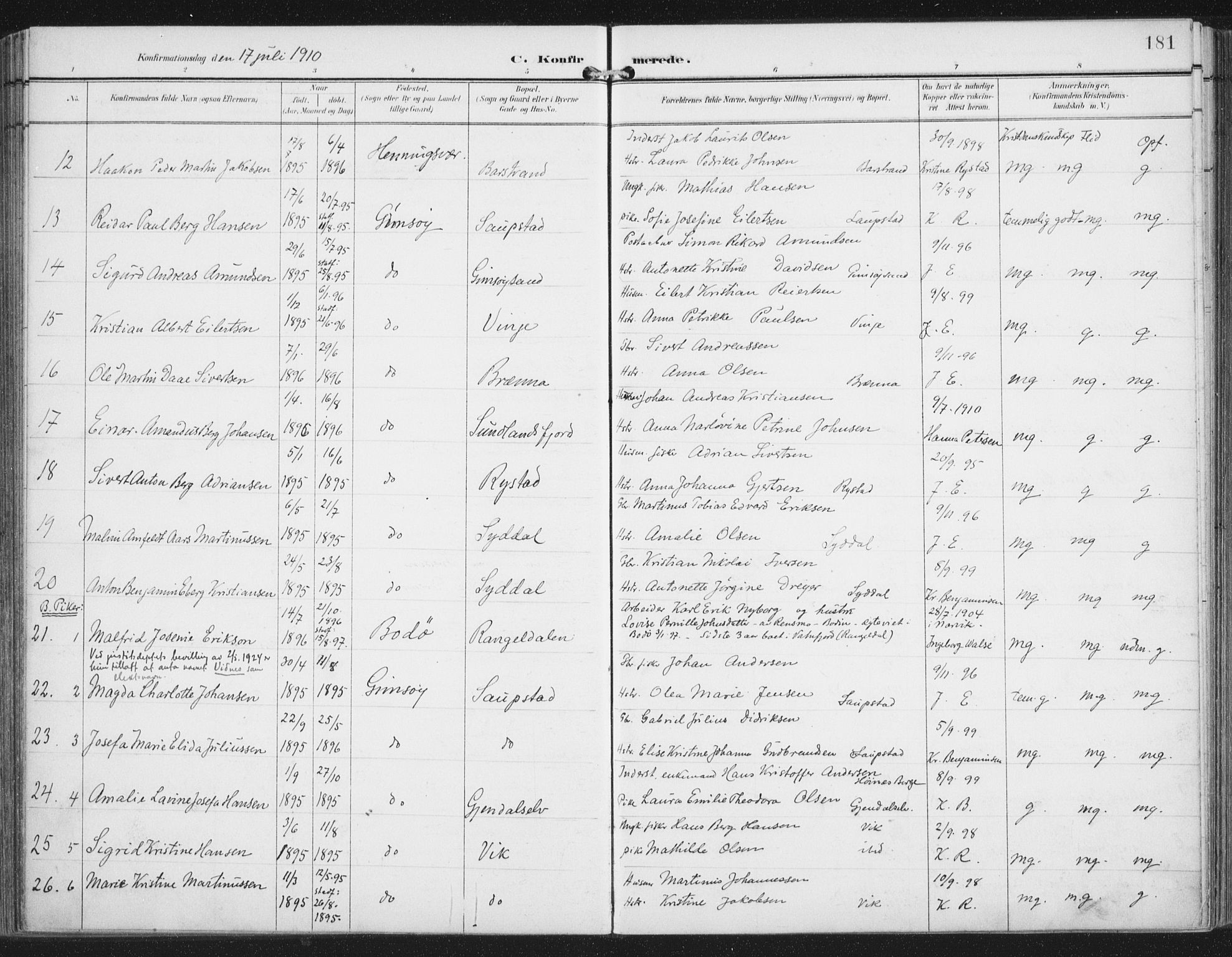 Ministerialprotokoller, klokkerbøker og fødselsregistre - Nordland, AV/SAT-A-1459/876/L1098: Parish register (official) no. 876A04, 1896-1915, p. 181