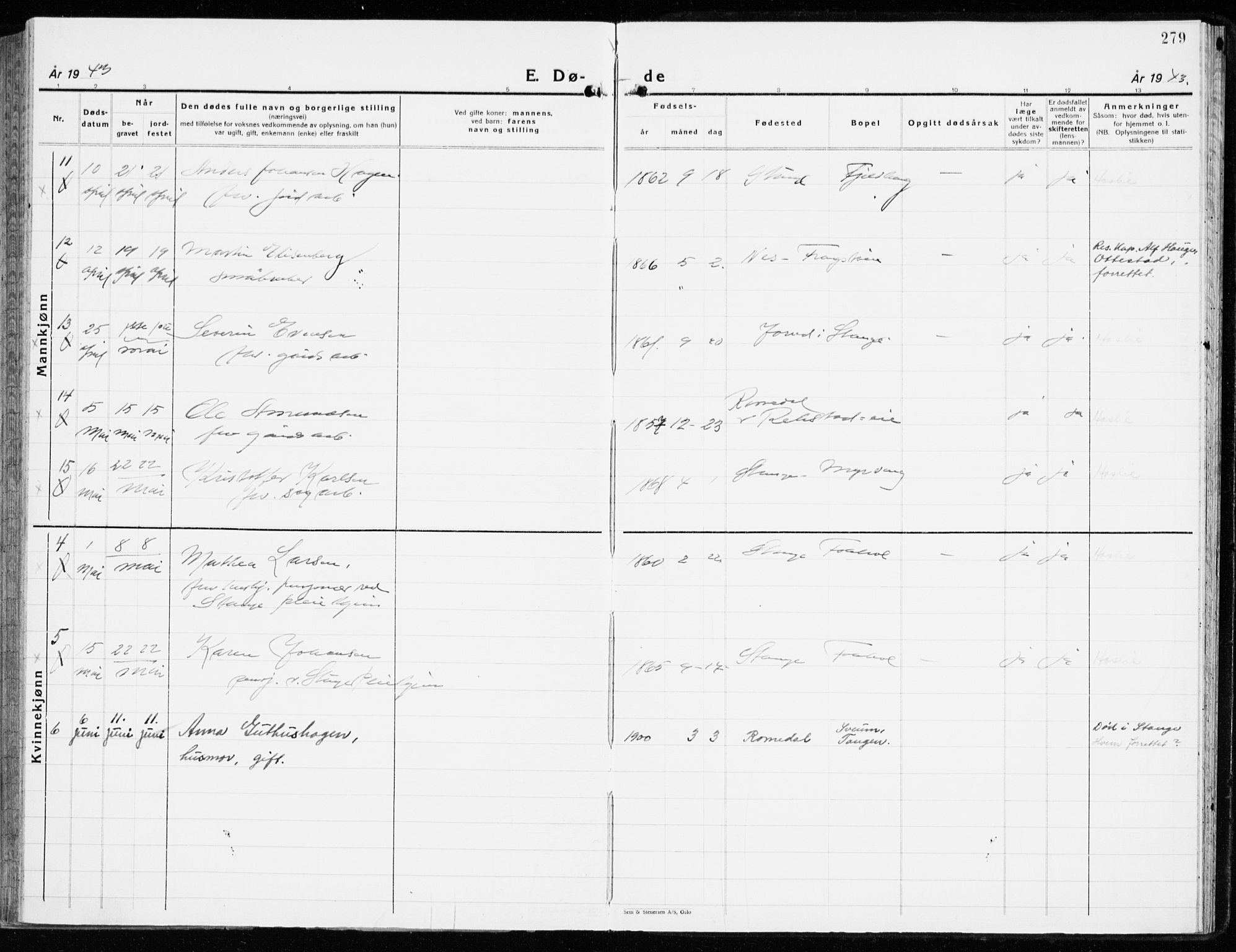 Stange prestekontor, AV/SAH-PREST-002/K/L0027: Parish register (official) no. 27, 1937-1947, p. 279