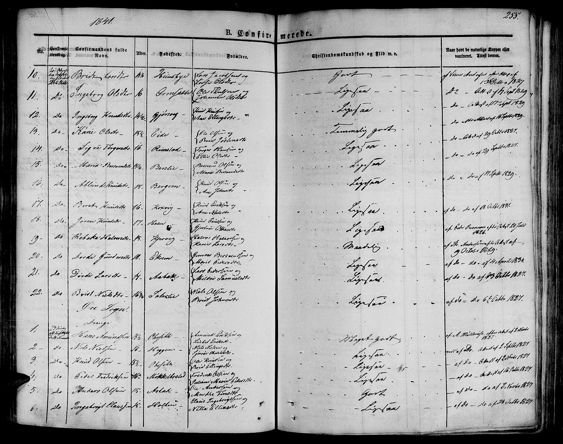 Ministerialprotokoller, klokkerbøker og fødselsregistre - Møre og Romsdal, AV/SAT-A-1454/586/L0983: Parish register (official) no. 586A09, 1829-1843, p. 255