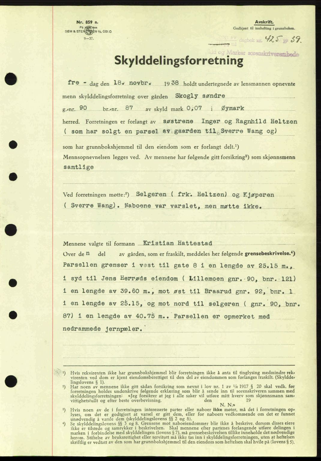 Idd og Marker sorenskriveri, AV/SAO-A-10283/G/Gb/Gbb/L0003: Mortgage book no. A3, 1938-1939, Diary no: : 425/1939