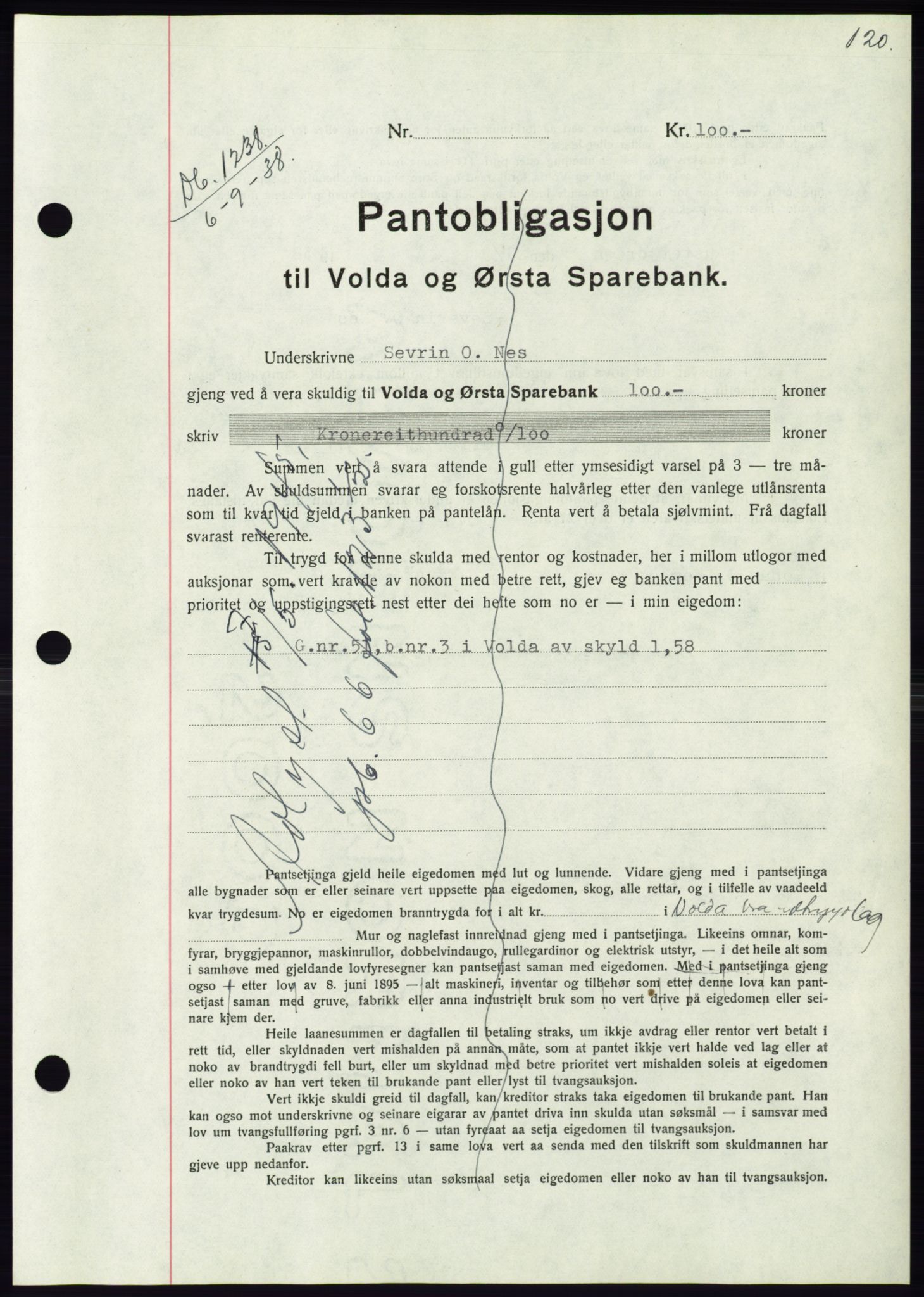 Søre Sunnmøre sorenskriveri, AV/SAT-A-4122/1/2/2C/L0066: Mortgage book no. 60, 1938-1938, Diary no: : 1238/1938