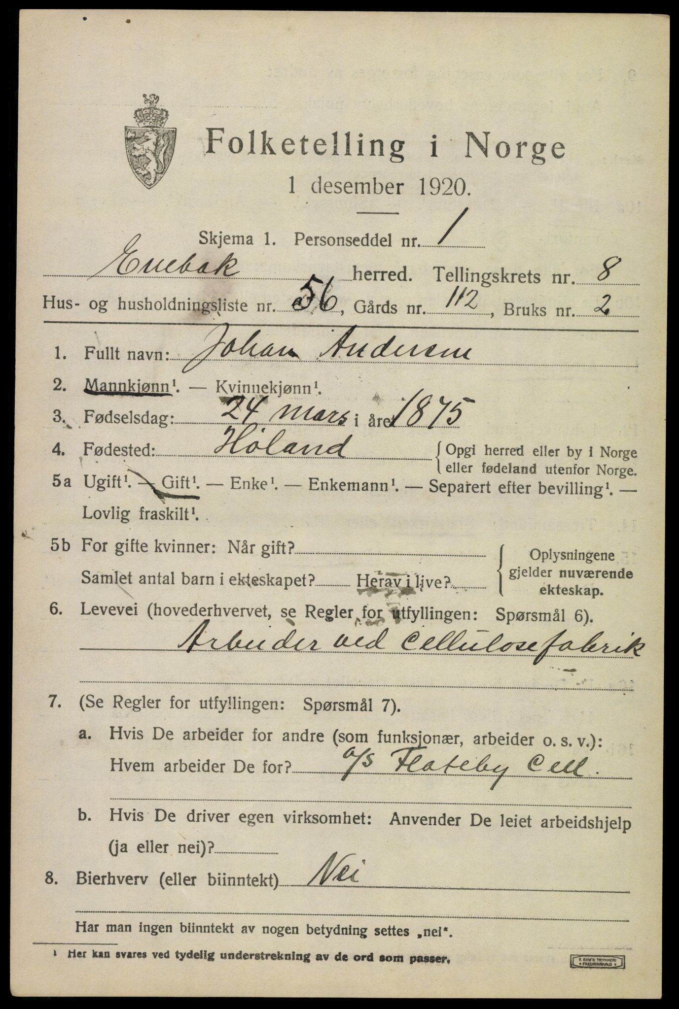 SAO, 1920 census for Enebakk, 1920, p. 7553